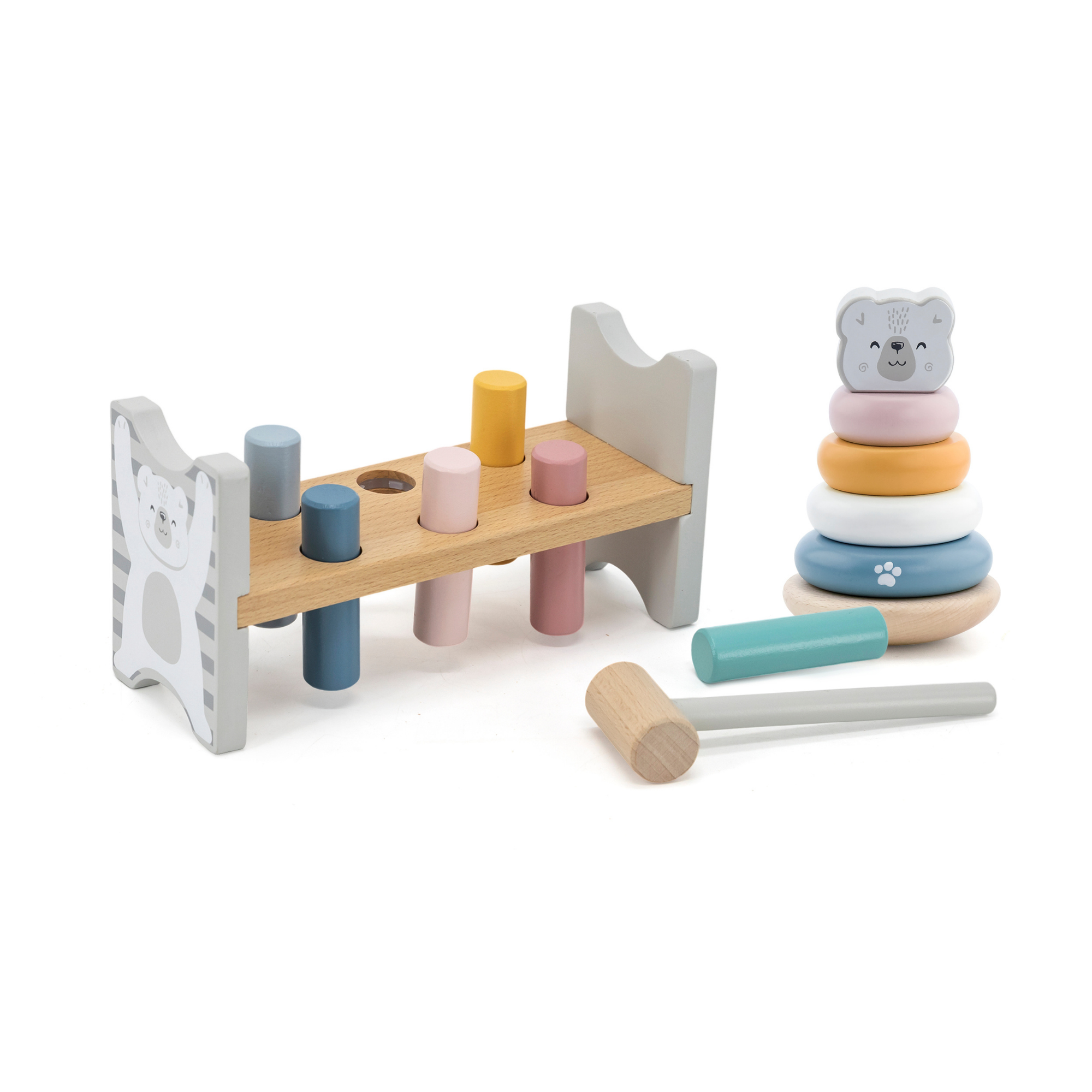 PolarB Wooden Polar Bear Stacker and Pounding Bench Set, Fine Motor Skill Toy for Toddlers, Color Recognition and Hand-Eye Coordination, Ages 24 Months+