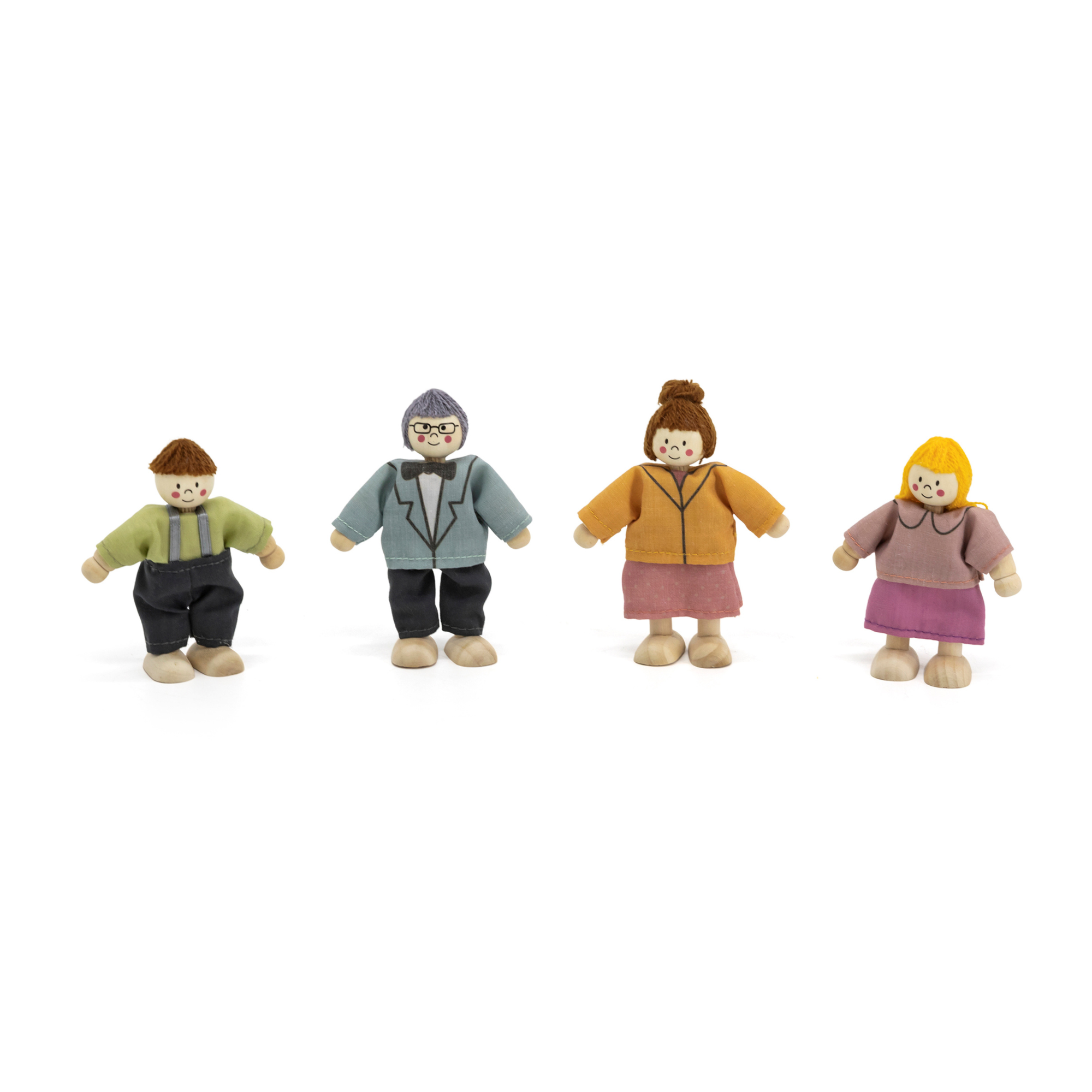 PolarB Wooden Doll Family Set 44254, 4-Piece Poseable Figures with Fabric Clothes, Ideal for Dollhouse Play and Role-Playing for Ages 3+