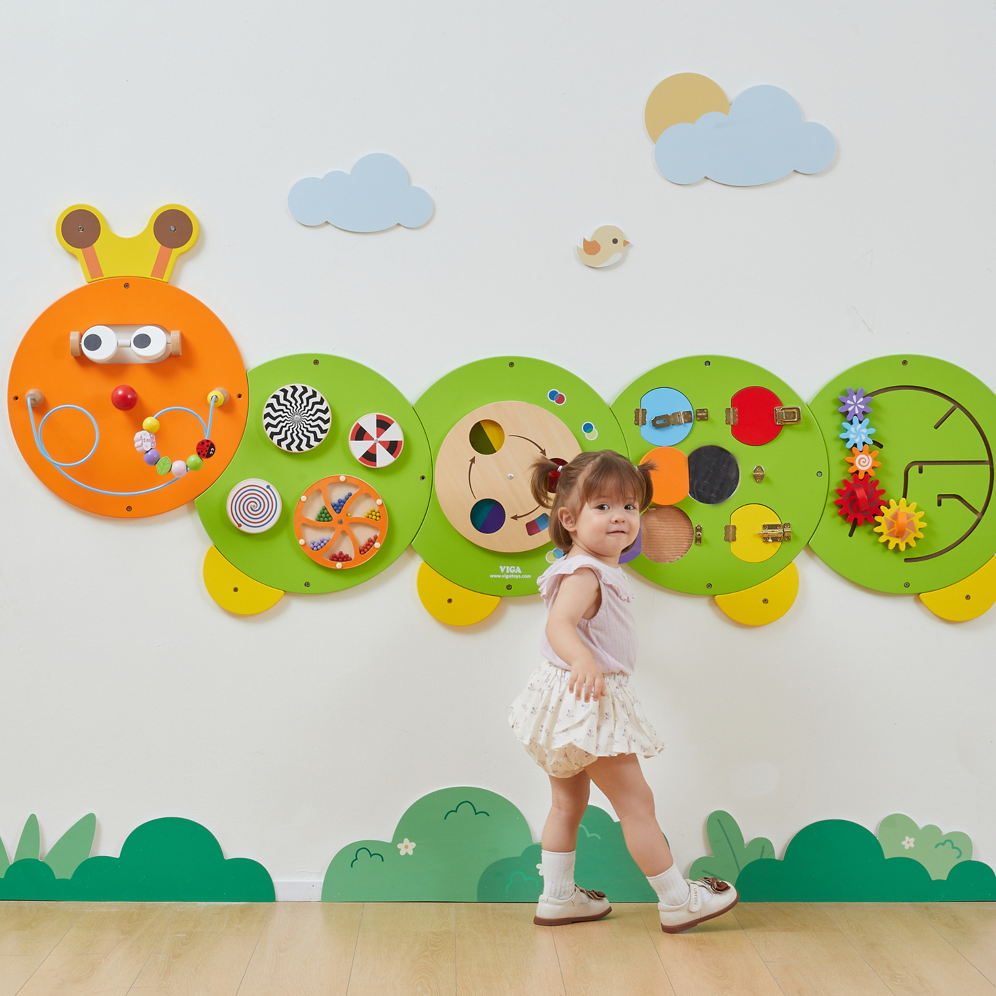 Viga Caterpillar Wall Toy, Multi-Functional Montessori Activity Panel, Wooden Sensory Educational Toy, Develops Motor Skills & Cognition, Eco-Friendly & Safe, for Boys & Girls 18M+