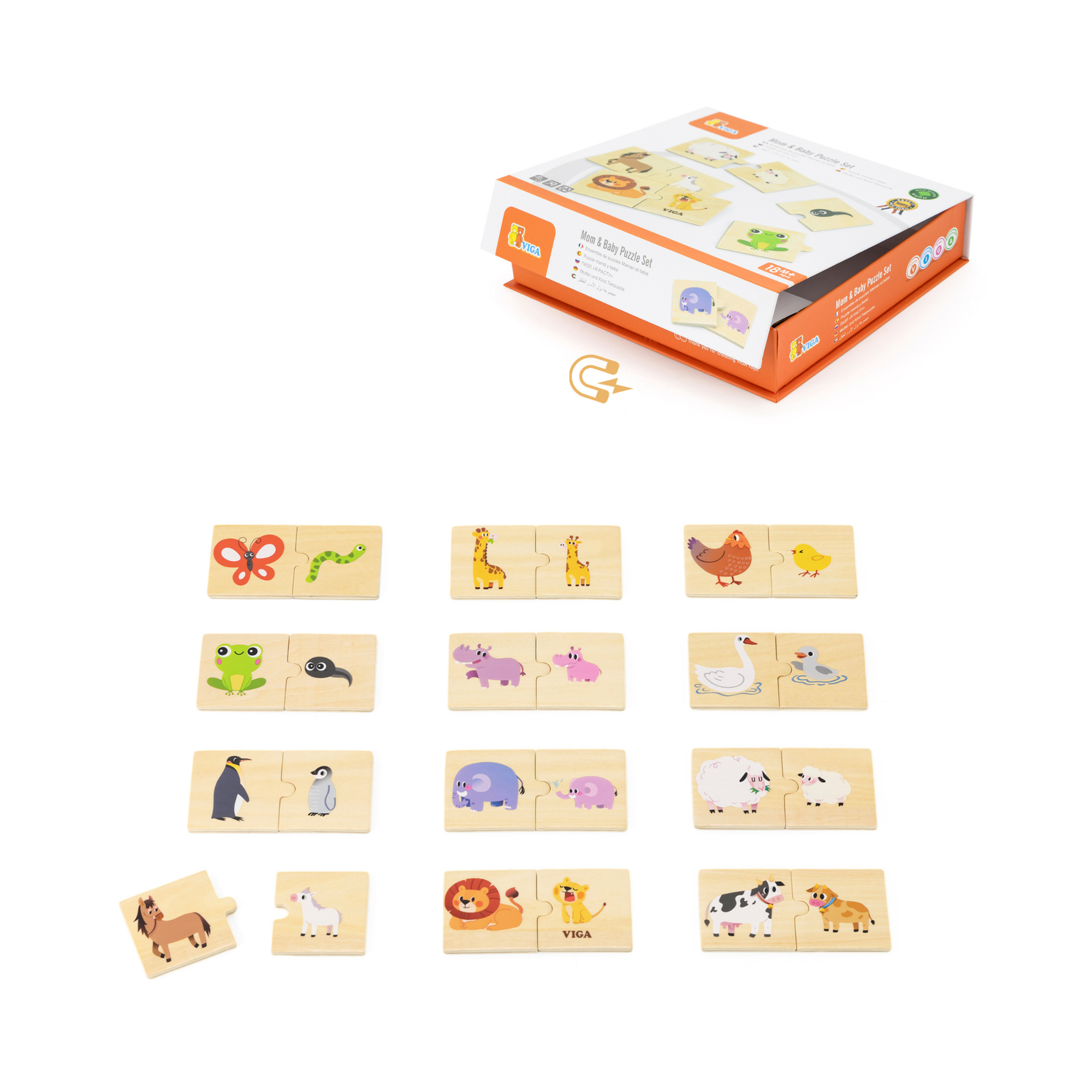 Viga Mom & Baby, 24 Piece Mix & Match Puzzle, Montessori Wooden Toy, Develops Sensory, Cognitive & Fine Motor Skills, Non-Toxic & Eco-friendly Kids Educational Toy, Suitable for Children Aged 18M+