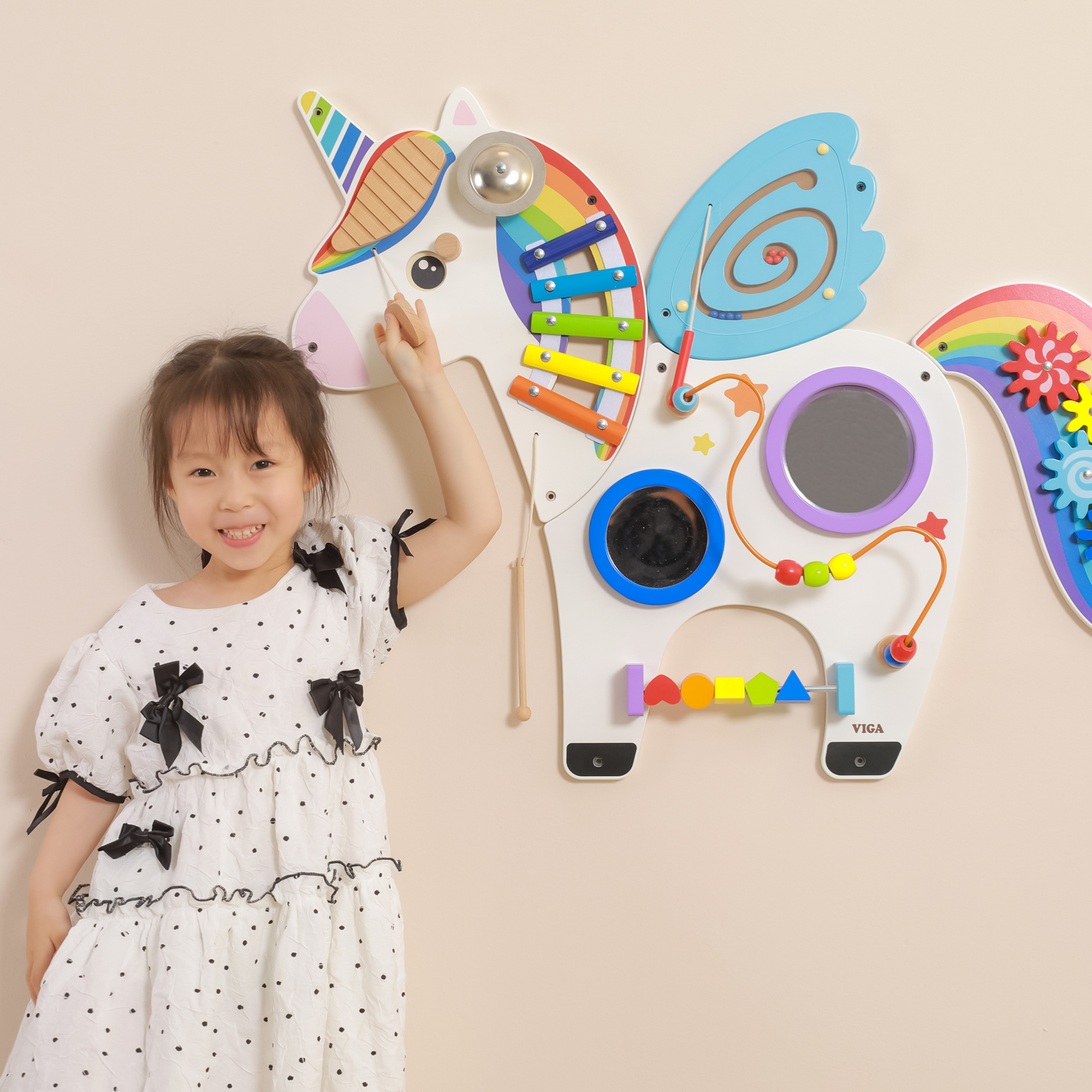 Viga Unicorn Sensory Wall Toy, Montessori Multi-Activity Wooden Panel with Gears, Bead Maze & Xylophone, Develops Motor Skills & Emotional Learning, Eco-Friendly & Non-Toxic, for Ages 18M+