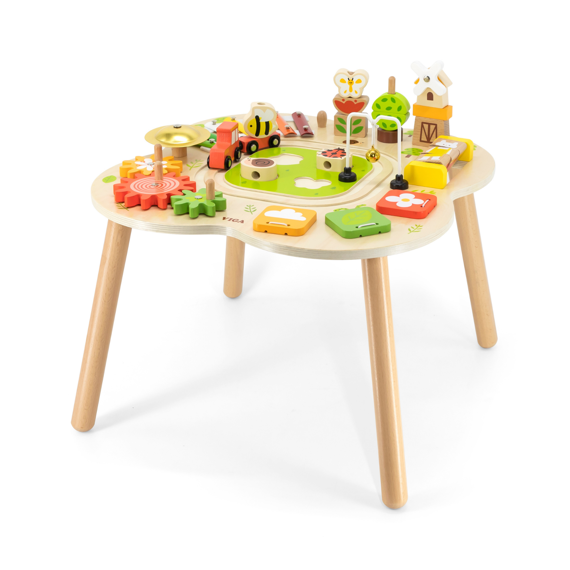 VIGA Farm-Themed Wooden Activity Table, Montessori Educational Toy with Train Track, Gears, Shape Sorter & Xylophone, Develops Fine Motor Skills, Logic & Creativity, for Boys & Girls Ages 18M+