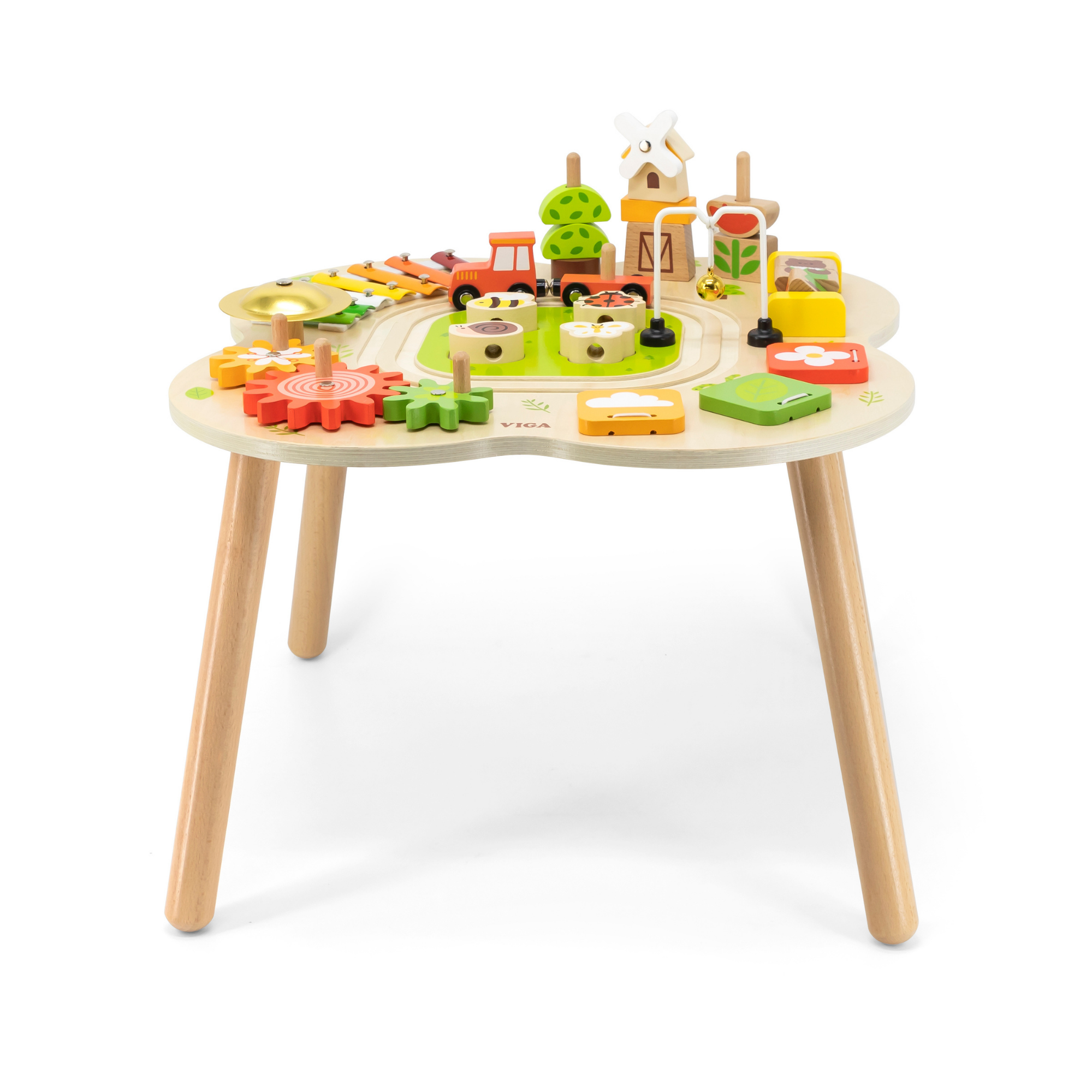 VIGA Farm-Themed Wooden Activity Table, Montessori Educational Toy with Train Track, Gears, Shape Sorter & Xylophone, Develops Fine Motor Skills, Logic & Creativity, for Boys & Girls Ages 18M+