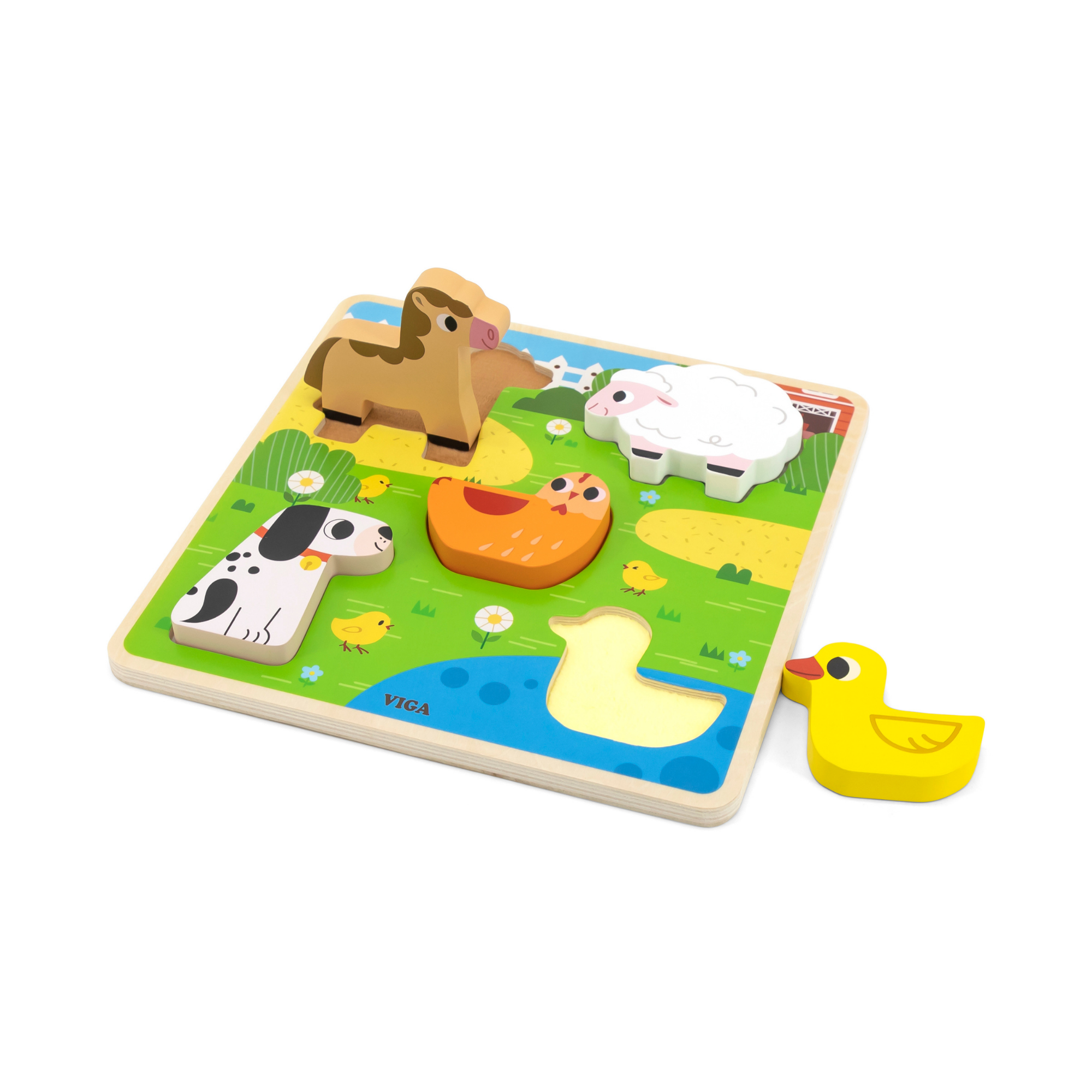 Viga Farm, 5 Piece Block Puzzle, Montessori Wooden Toy, Develops Sensory, Cognitive & Fine Motor Skills, Non-Toxic & Eco-friendly Kids Educational Toy, Suitable for Boys and Girls Aged 18M+