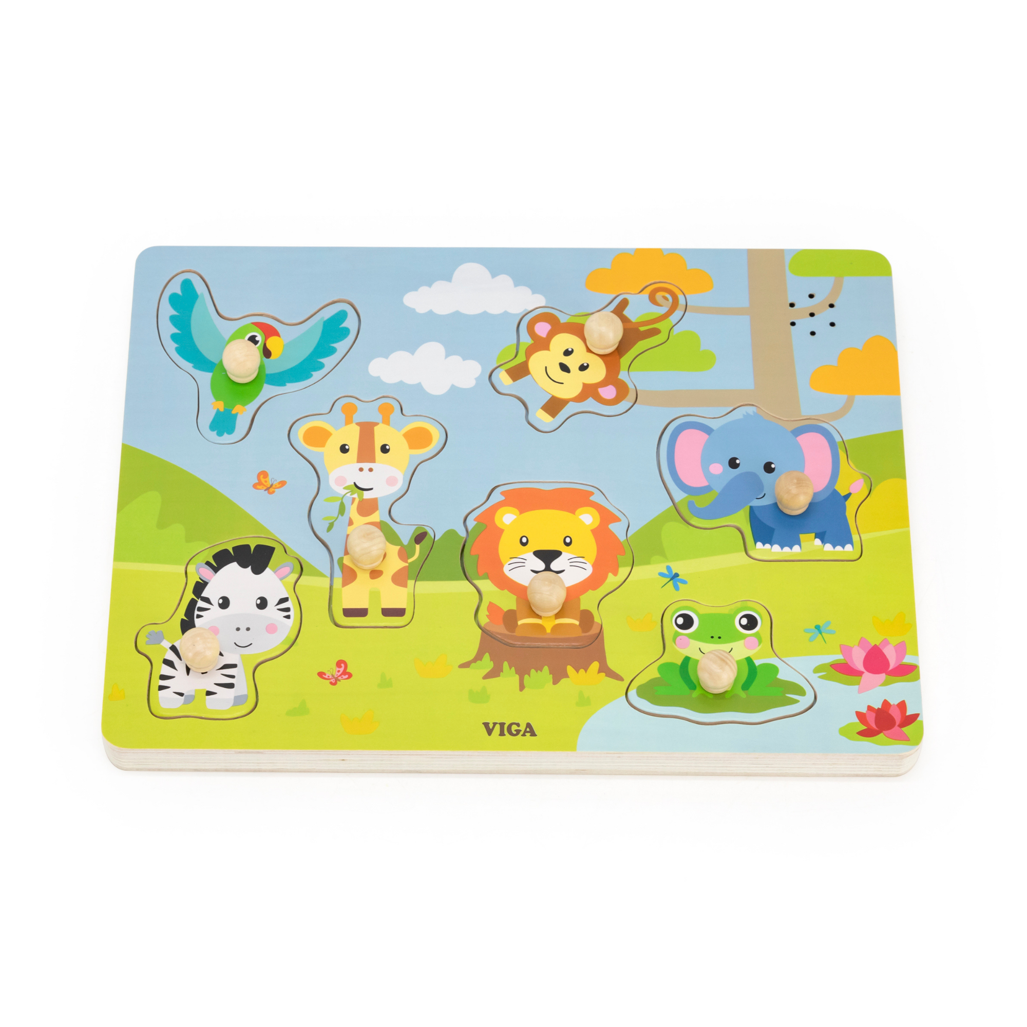 Viga Jungle Animals, 7 Piece Knob Puzzle with Sound, Montessori Wooden Toy, Develops Sensory, Cognitive & Fine Motor Skills, Non-Toxic & Eco-friendly Kids Educational Toy, Suitable for Children 18M+
