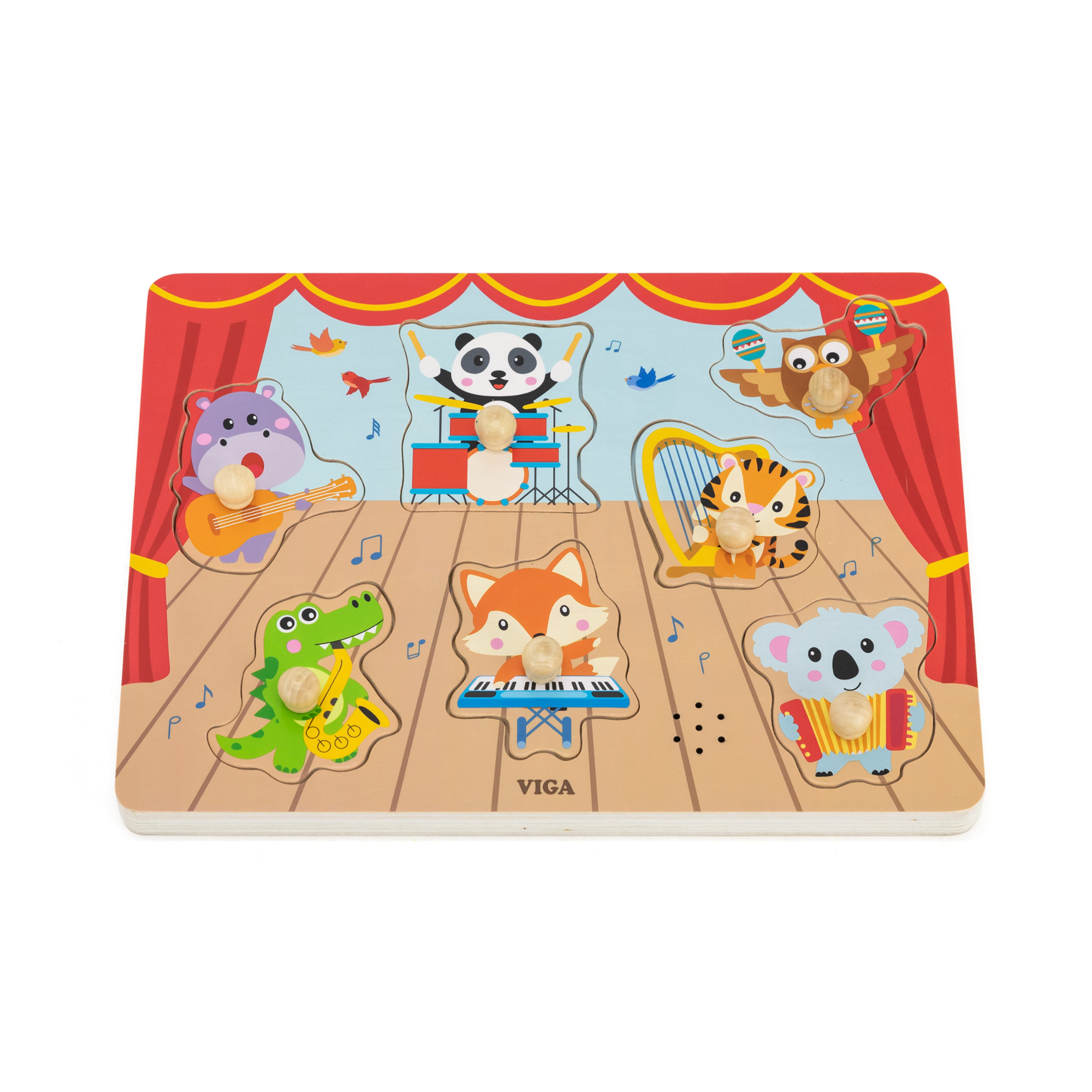 Viga Wild Animals Music Concert, 7 Piece Knob Puzzle with Sound, Montessori Wooden Toy, Develops Sensory, Cognitive & Fine Motor Skills, Non-Toxic & Eco-friendly Kids Educational Toy, 18M+