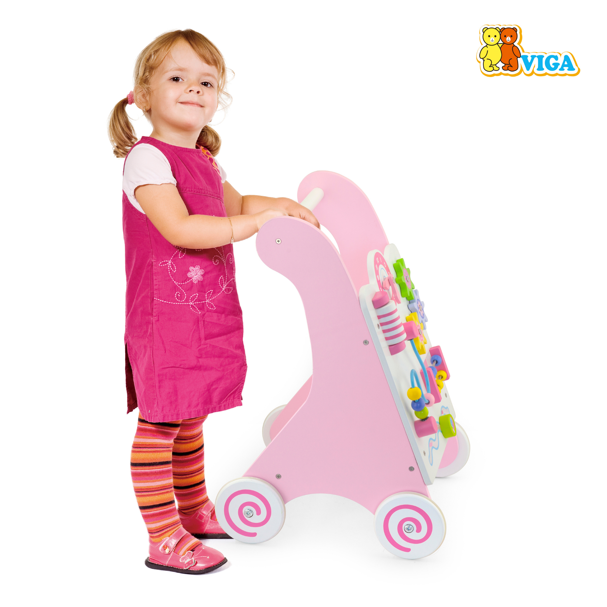 Viga Pink Wooden Activity Baby Walker, Montessori Toddler Walker with Clock, Bead Maze & Gears, Supports Walking & Motor Skills, Eco-Friendly & Non-Toxic Educational Toy, for Ages 18M+