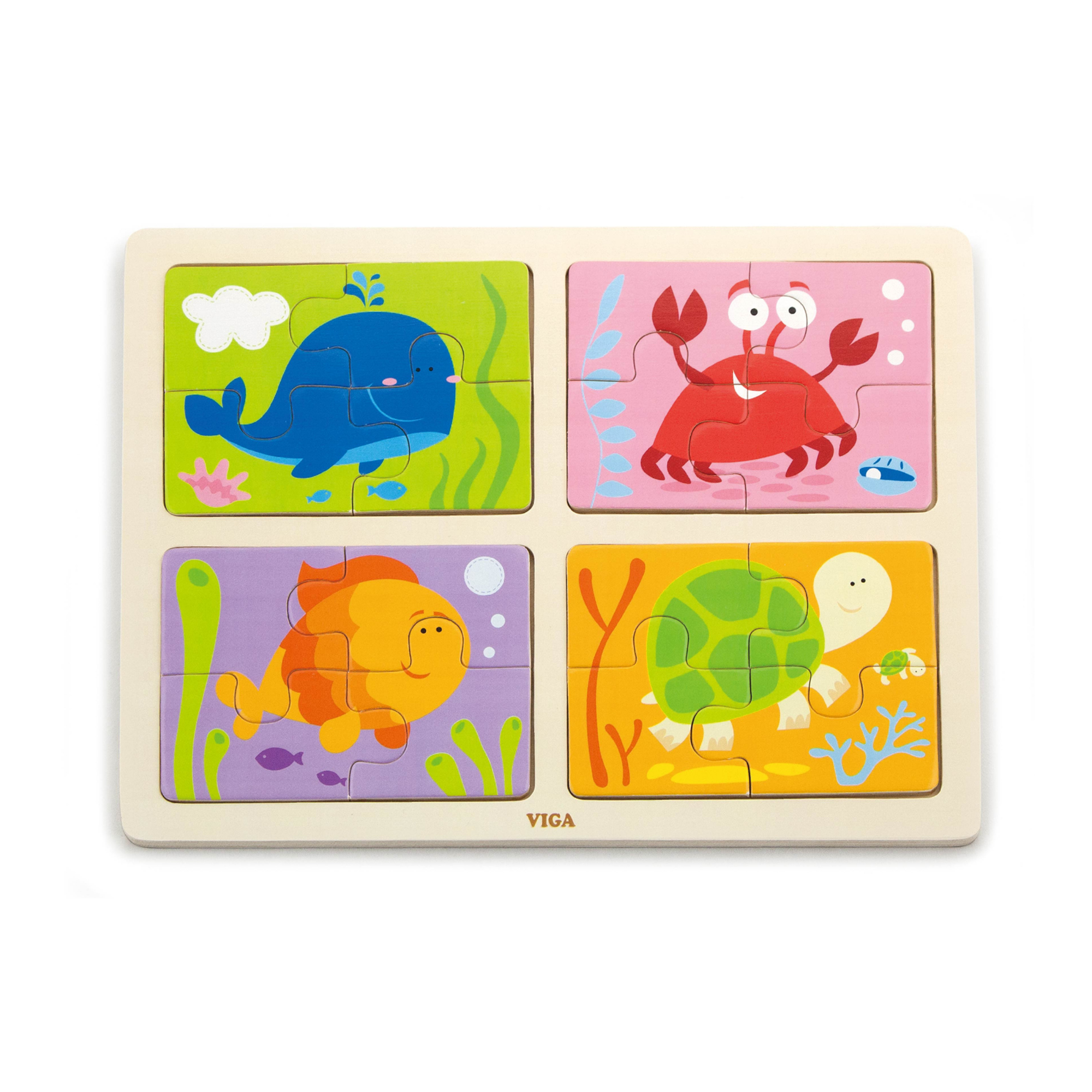 Viga 4 in 1 Sea, 16 Piece Block Puzzle, Montessori Wooden Toy, Develops Sensory, Cognitive & Fine Motor Skills, Non-Toxic & Eco-friendly Kids Educational Toy, Suitable for Boys and Girls Aged 18M+