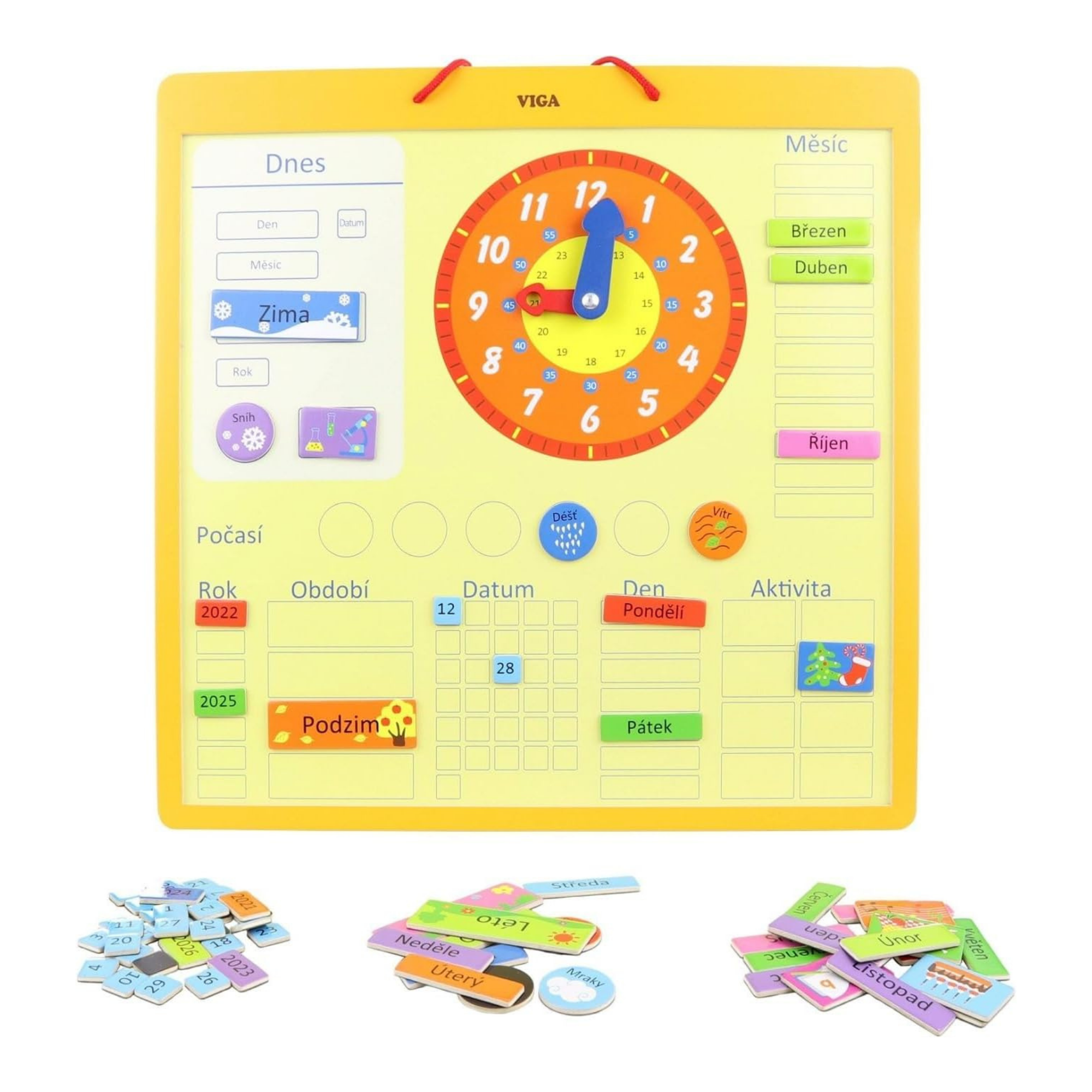 VIGA Wooden Magnetic Calendar for Kids – Montessori-Inspired Learning Calendar with 75 Pieces, Educational Wall Chart for Time, Weather, Days, and Seasons, Eco-Friendly Toy for Home & School , Ages 3+