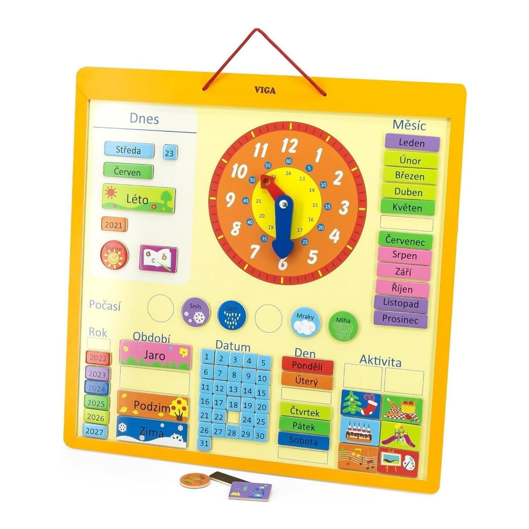 VIGA Wooden Magnetic Calendar for Kids – Montessori-Inspired Learning Calendar with 75 Pieces, Educational Wall Chart for Time, Weather, Days, and Seasons, Eco-Friendly Toy for Home & School , Ages 3+