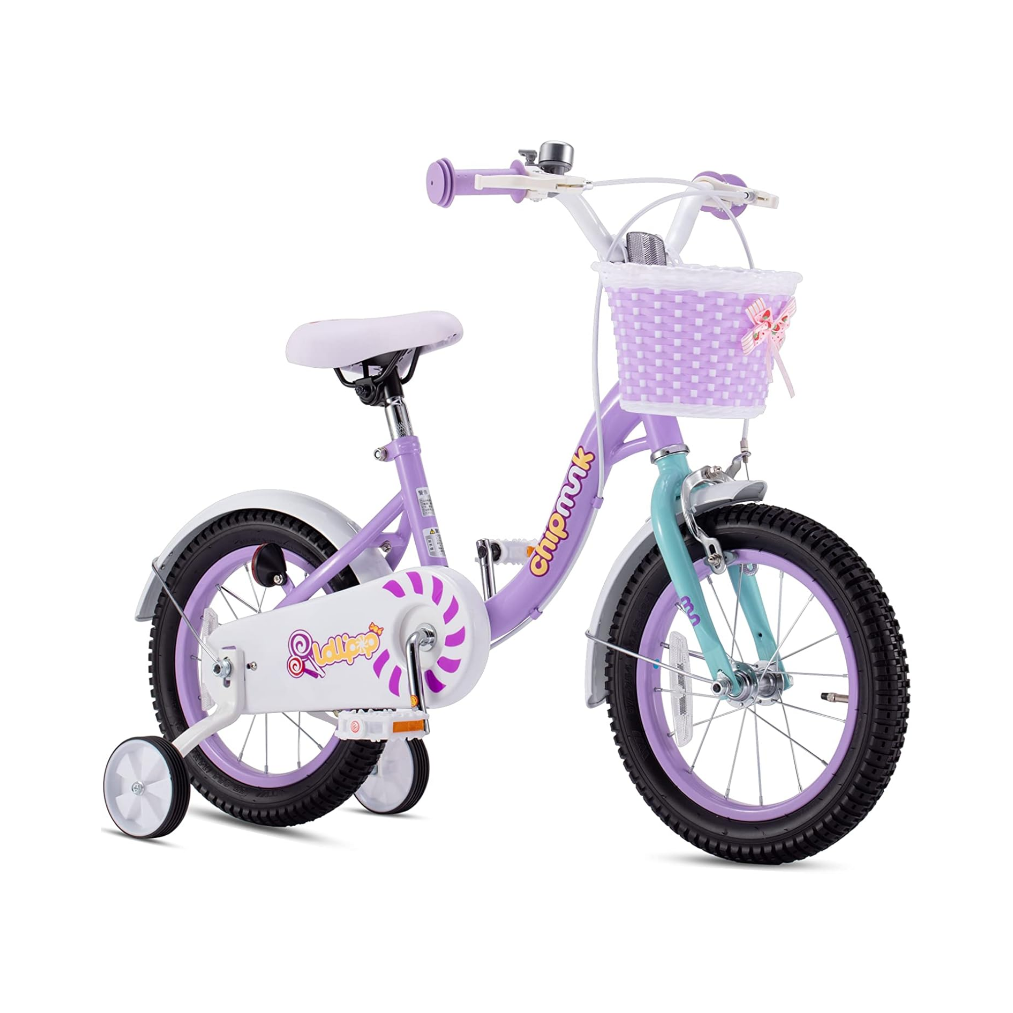 Chipmunk MM 16 Inch Bicycle with Lightweight Steel Frame, Basket, Adjustable Seat and Handle, Front + Rear Brakes, 85% Pre-Assembled Kid's Bikes with Training Wheels for Children 4-7 Years Old, Purple