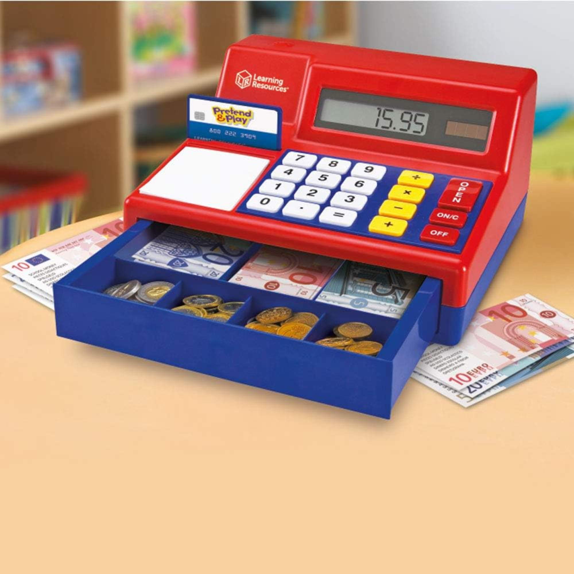 Learning Resources Pretend & Play Calculator Cash Register with Euro Money, Realistic Play Set with Solar-Powered Calculator, Includes Play Money & Activity Guide, For Ages 3+