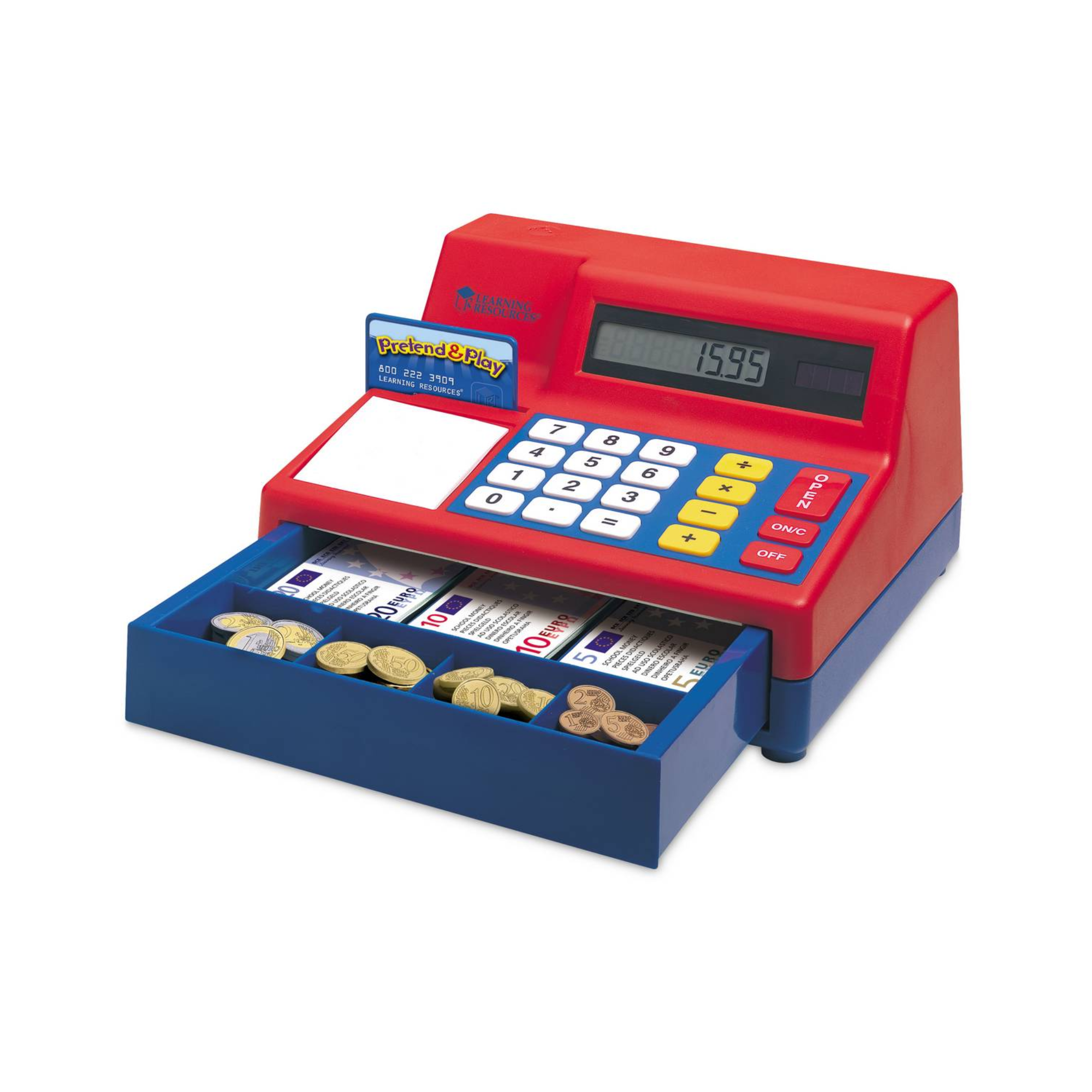 Learning Resources Pretend & Play Calculator Cash Register with Euro Money, Realistic Play Set with Solar-Powered Calculator, Includes Play Money & Activity Guide, For Ages 3+