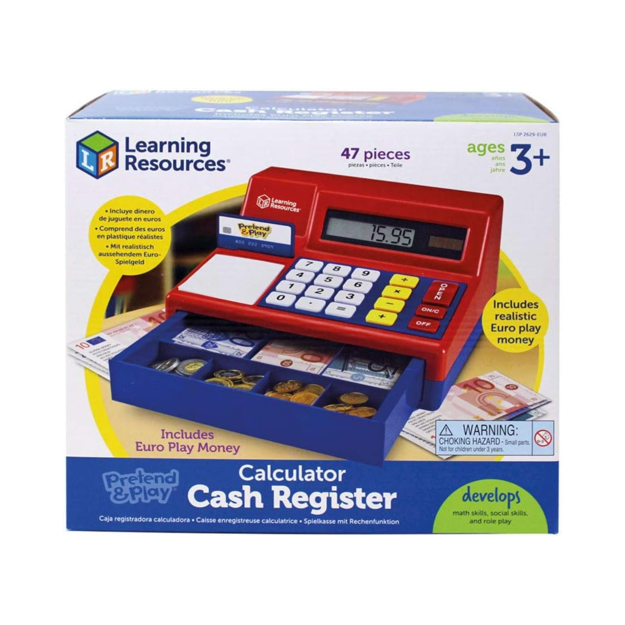 Learning Resources Pretend & Play Calculator Cash Register with Euro Money, Realistic Play Set with Solar-Powered Calculator, Includes Play Money & Activity Guide, For Ages 3+