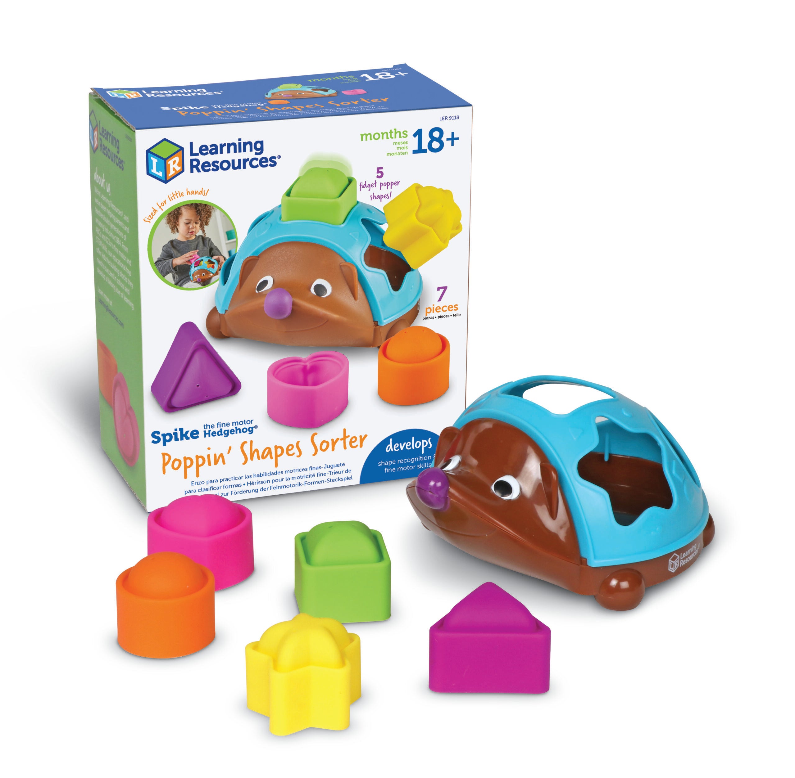 Learning Resources Spike The Fine Motor Hedgehog Poppin’ Shapes Sorter, 7-Piece Shape Sorting & Fidget Toy for Toddlers, Develops Fine Motor, Colour & Sensory Skills, Ages 18 Months+