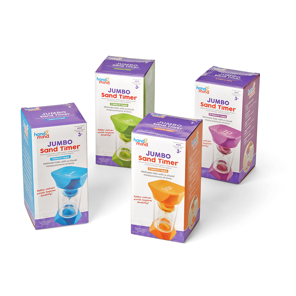 Learning Resources Jumbo Sand Timer Bundle, Colourful Hourglass Timers for Kids to Learn Time Management, 1, 2, 5, and 10 Minute Timers, Ages 3+