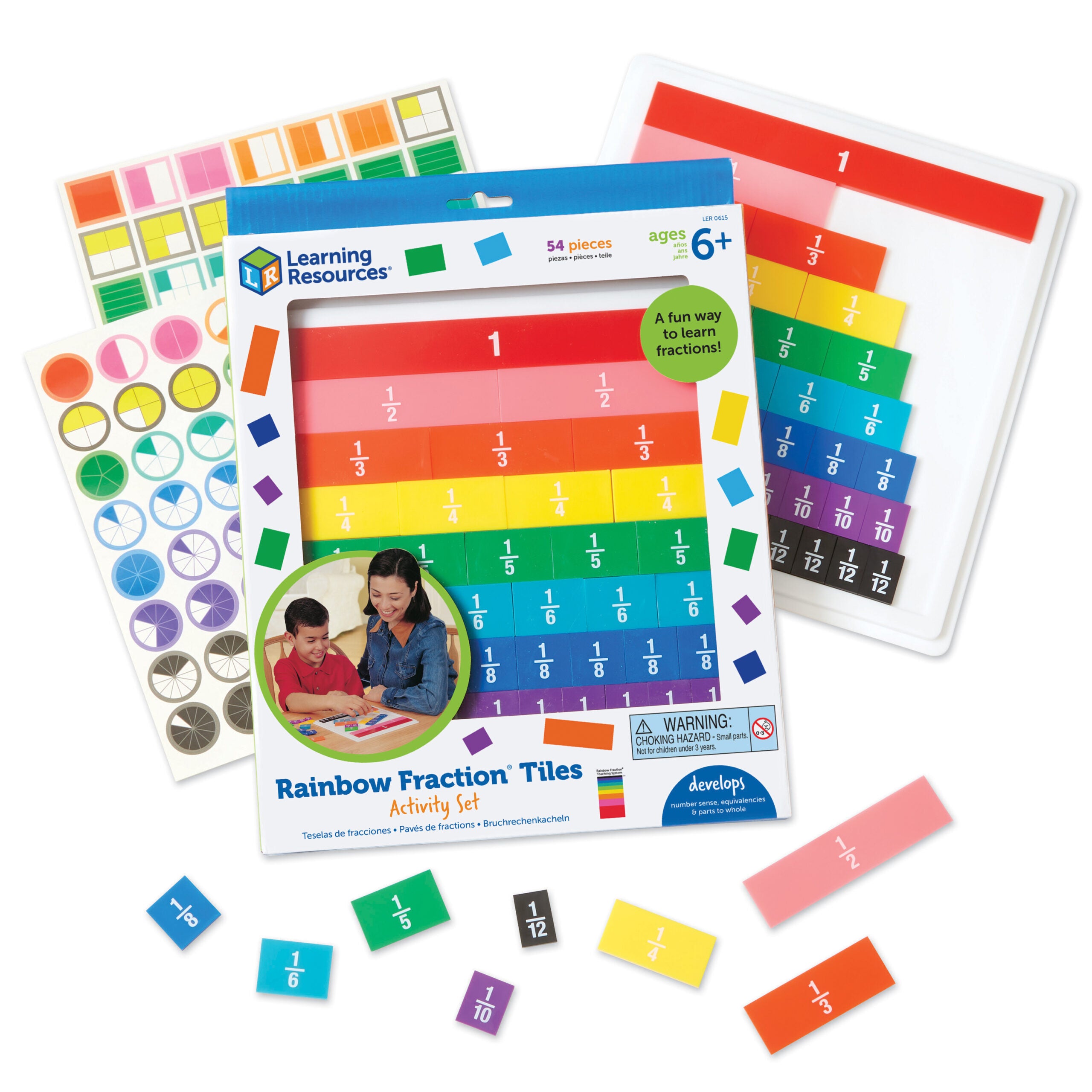 Learning Resources Rainbow Fraction Tiles with Tray, 51-Piece Colour-Coded Set, Visual and Hands-On Learning Tool for Fractions, Includes Activity Guide and Storage Tray