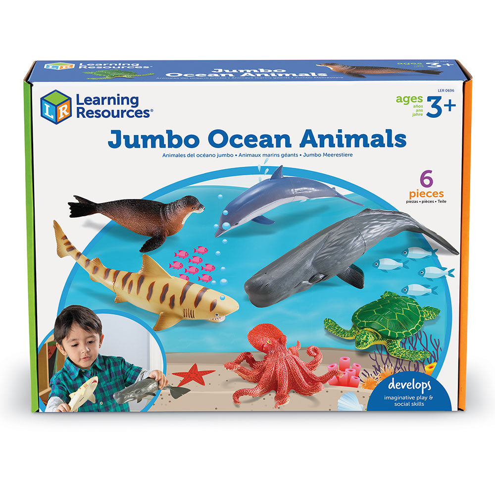 Learning Resources Jumbo Ocean Animals, Set of 6 Realistic Sea Animal Figures for Imaginative Play and Early Science Learning, Durable Plastic Toys with Storage Box, Ages 2+