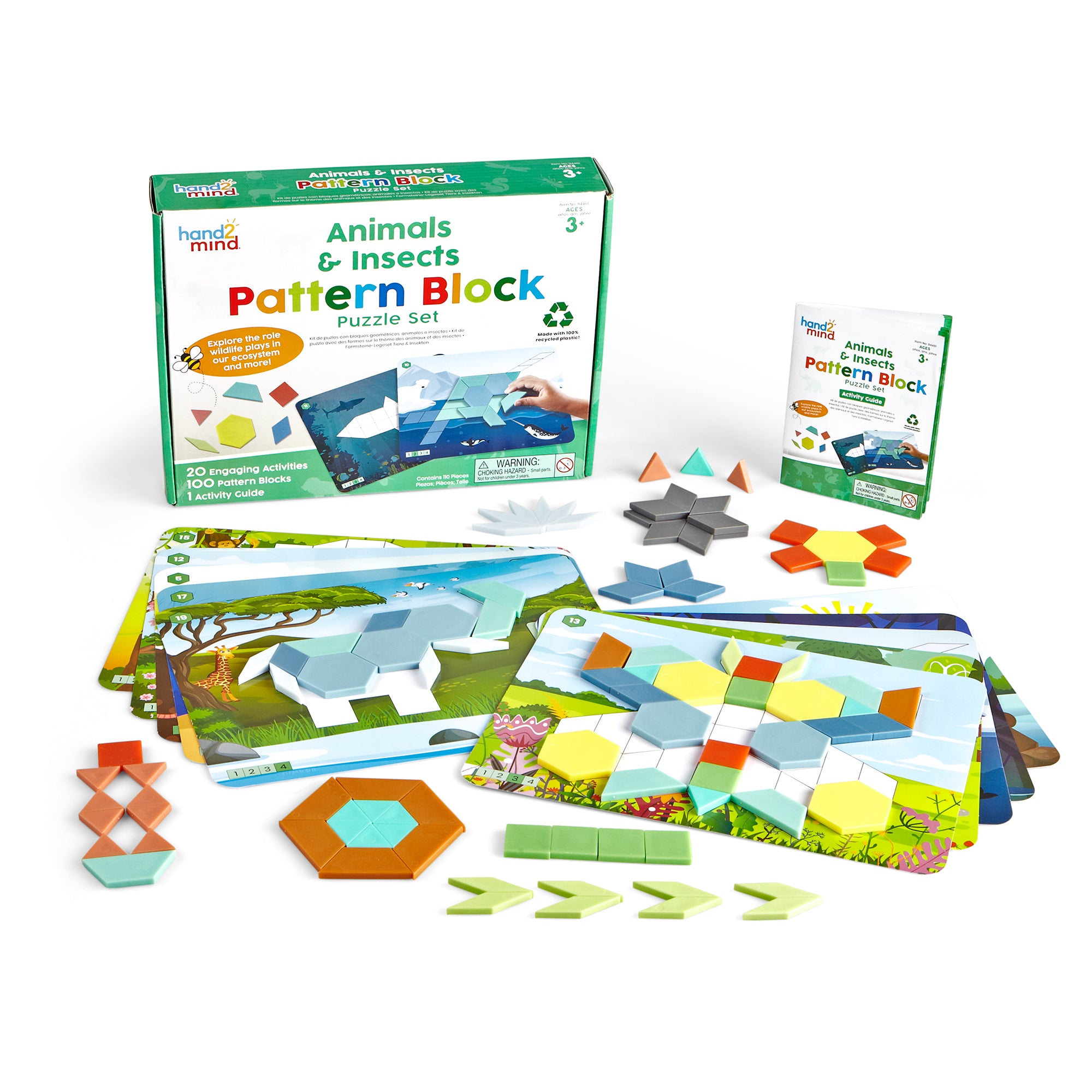 Learning Resources Animals & Insects Pattern Block Puzzle Set, 100 Colourful Pattern Blocks, 10 Double-Sided Puzzle Cards, Recycled Plastic, Early Maths & Shape Recognition, Ages 3+