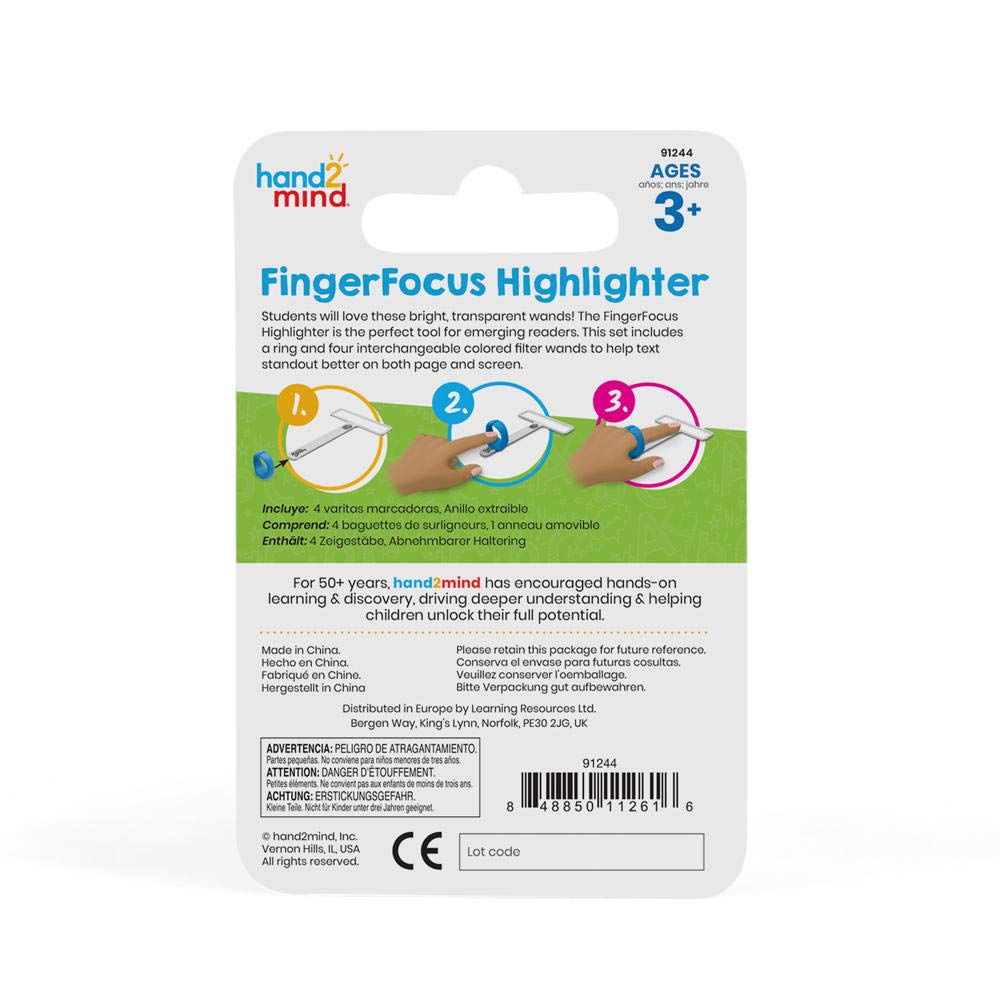 Learning Resources FingerFocus Highlighter, Wearable Reading Aid for Kids, Helps Improve Focus & Tracking, Includes 4 Interchangeable Colored Wands