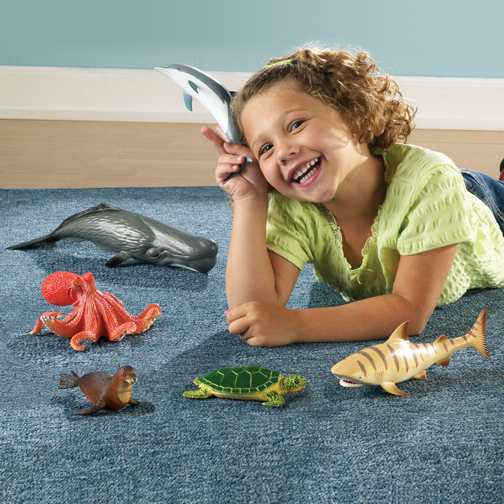 Learning Resources Jumbo Ocean Animals, Set of 6 Realistic Sea Animal Figures for Imaginative Play and Early Science Learning, Durable Plastic Toys with Storage Box, Ages 2+