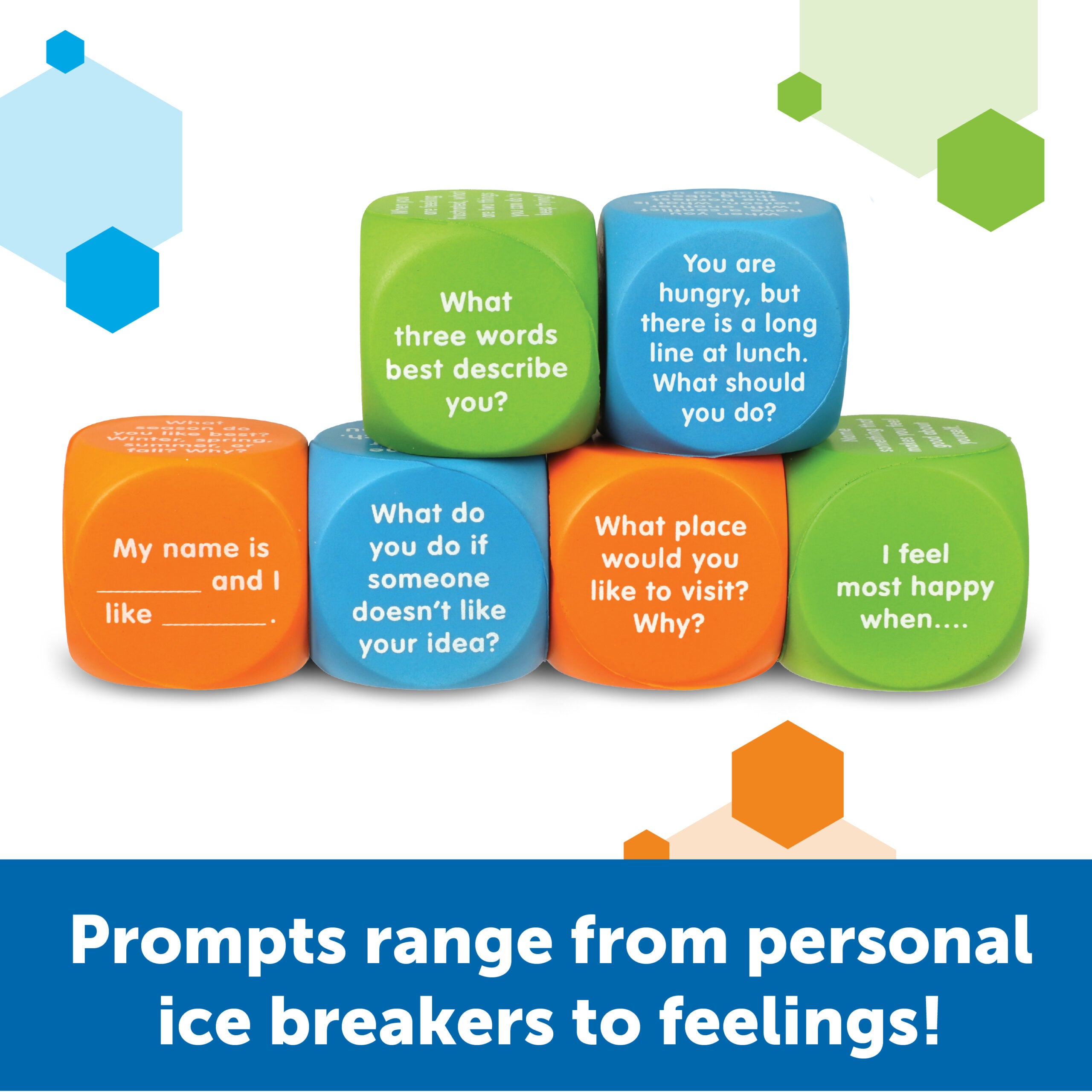 Learning Resources Let’s Talk SEL Cubes, Set of 6 Social Emotional Learning Conversation Cubes, Includes 36 Prompts for Ice Breakers, Social Skills, and Emotional Awareness, For Ages 5+