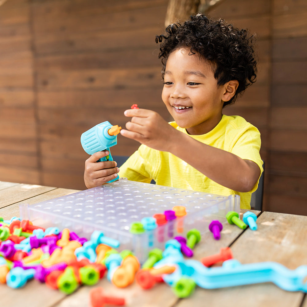 Learning Resources Design & Drill See-Through Creative Workshop, STEM Construction Toy for Kids, Includes Activity Cards, Drill, and Colorful Bolts, Ages 3+