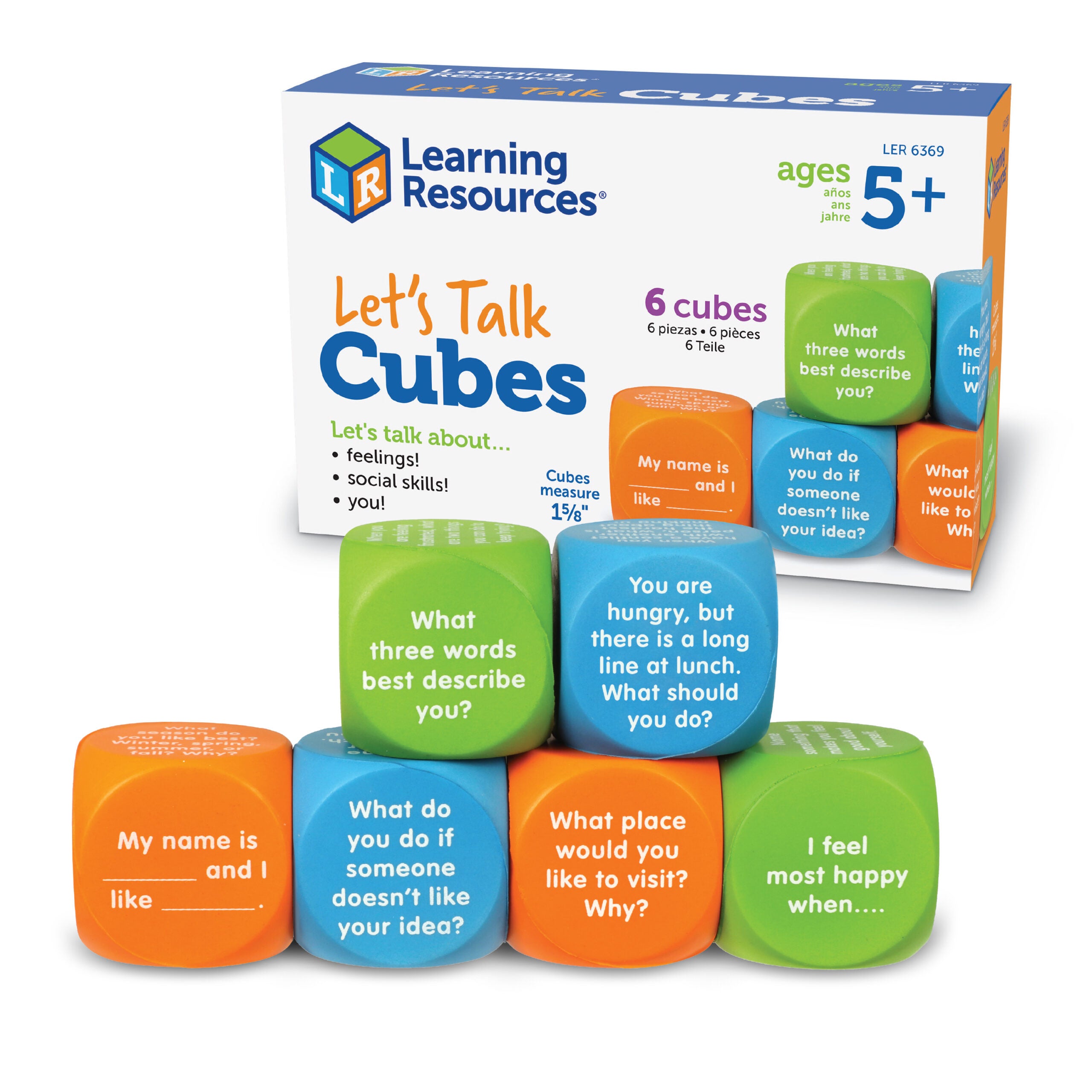 Learning Resources Let’s Talk SEL Cubes, Set of 6 Social Emotional Learning Conversation Cubes, Includes 36 Prompts for Ice Breakers, Social Skills, and Emotional Awareness, For Ages 5+
