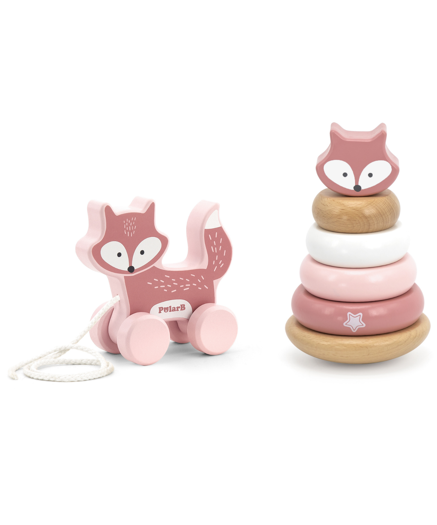 PolarB Wooden Fox Pull-Along and Stacker Toy Set, Educational Toddler Toys for Walking, Fine Motor Skills, and Color Recognition, Ages 18 Months+