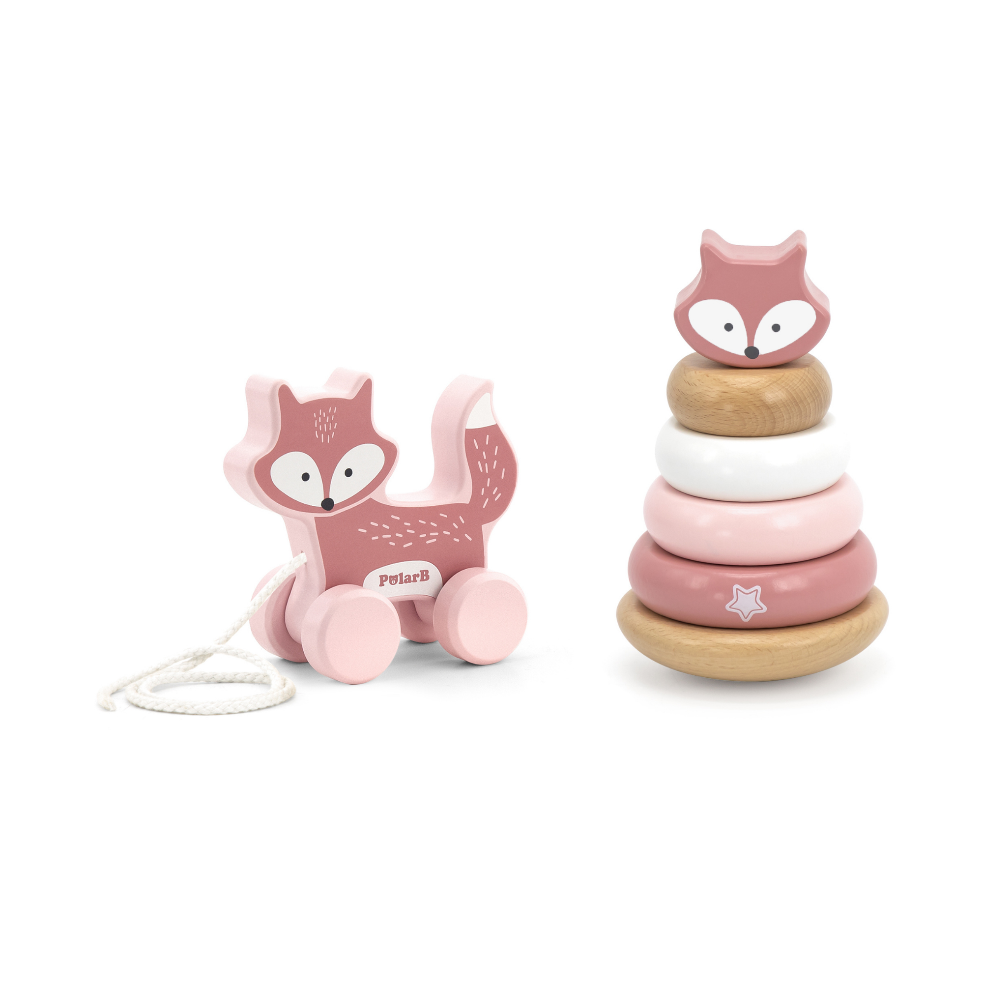 PolarB Wooden Fox Pull-Along and Stacker Toy Set, Educational Toddler Toys for Walking, Fine Motor Skills, and Color Recognition, Ages 18 Months+