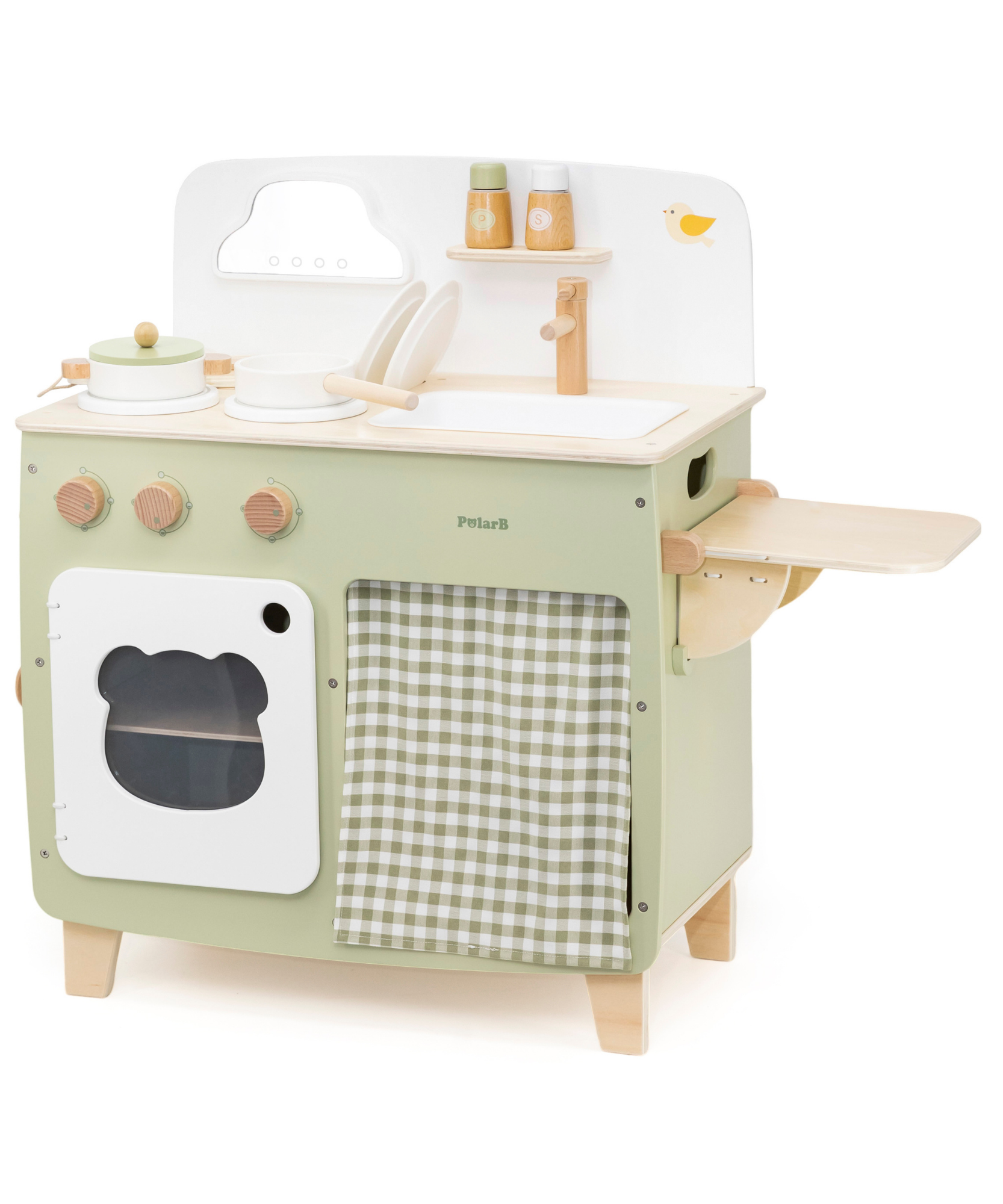 PolarB Wooden Play Kitchen Set for Kids, Pretend Cooking Toy with Stove, Sink, Oven, Utensils, Pots, and Foldable Side Table, Encourages Creative and Imaginative Play for Toddlers