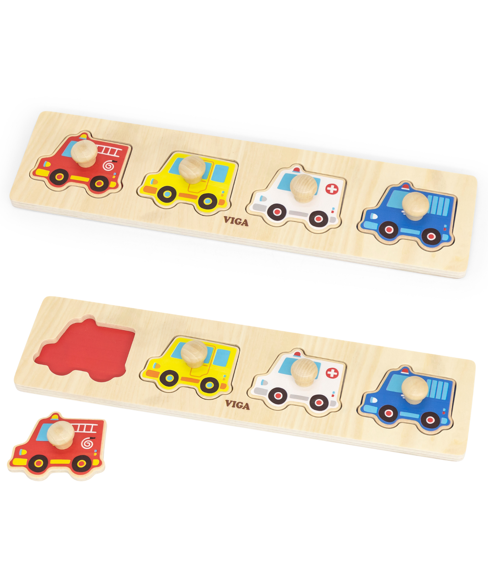 Viga Vehicles, 4 Piece Knob Puzzle, Montessori Wooden Toy, Develops Sensory, Cognitive & Fine Motor Skills, Non-Toxic & Eco-friendly Kids Educational Toy, Suitable for Boys and Girls Aged 12M+