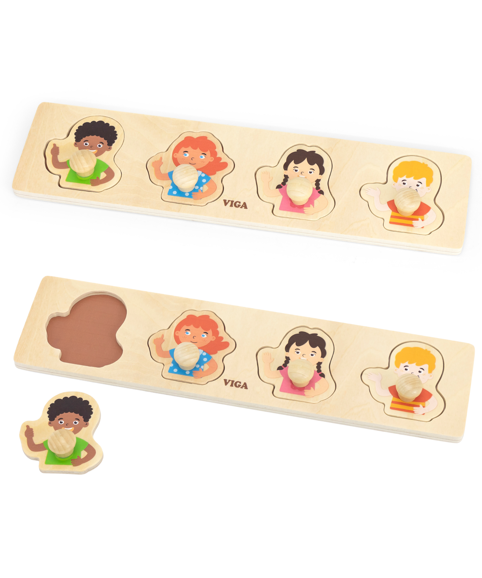 Viga Different Skin, 4 Piece Knob Puzzle, Montessori Wooden Toy, Develops Sensory, Cognitive & Fine Motor Skills, Non-Toxic & Eco-friendly Kids Educational Toy, Suitable for Boys and Girls Aged 12M+