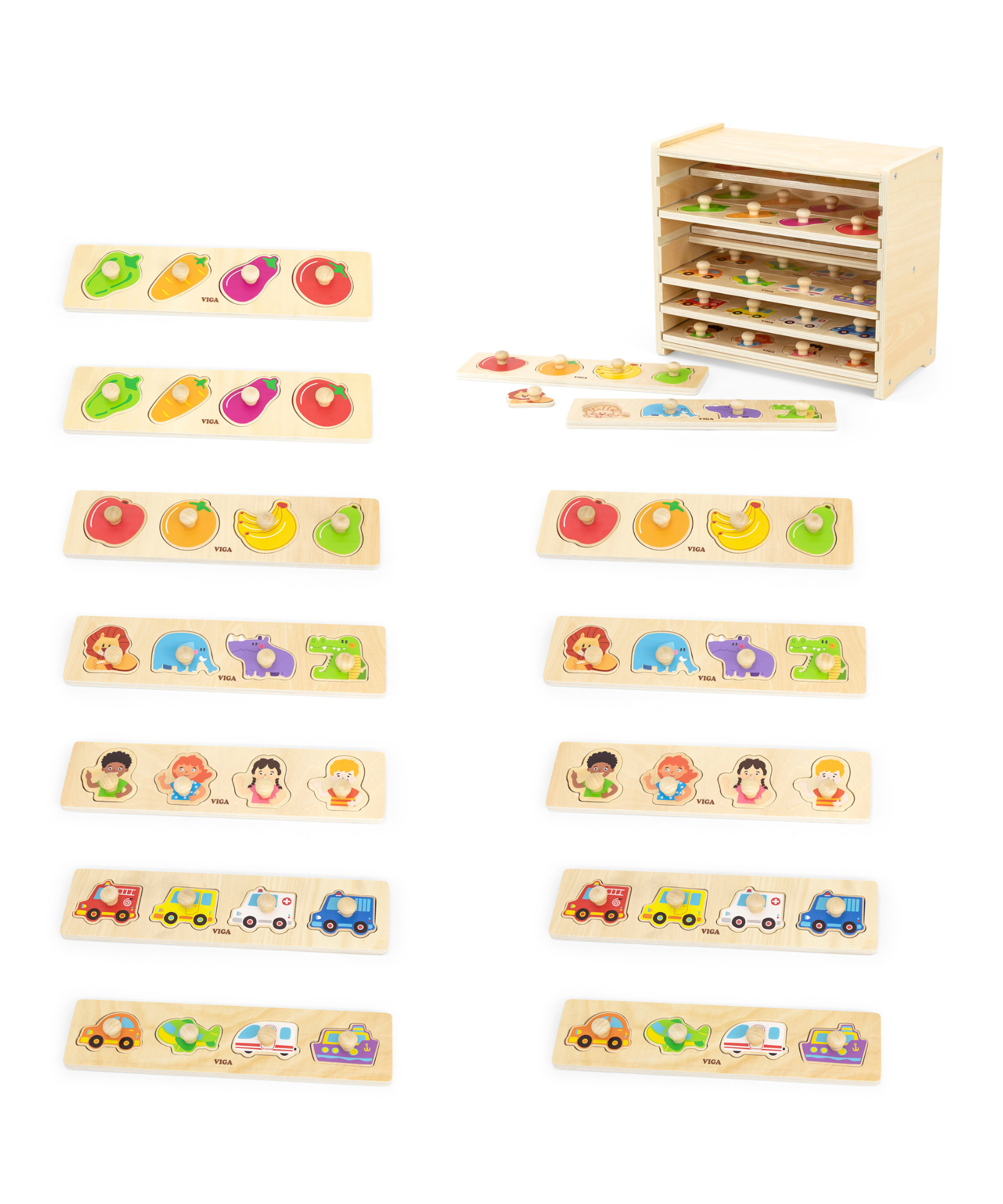 Viga Set of 12, 4 Piece Knob Puzzle, Montessori Wooden Toy, Develops Sensory, Cognitive & Fine Motor Skills, Non-Toxic & Eco-friendly Kids Educational Toy, Suitable for Boys and Girls Aged 12M+