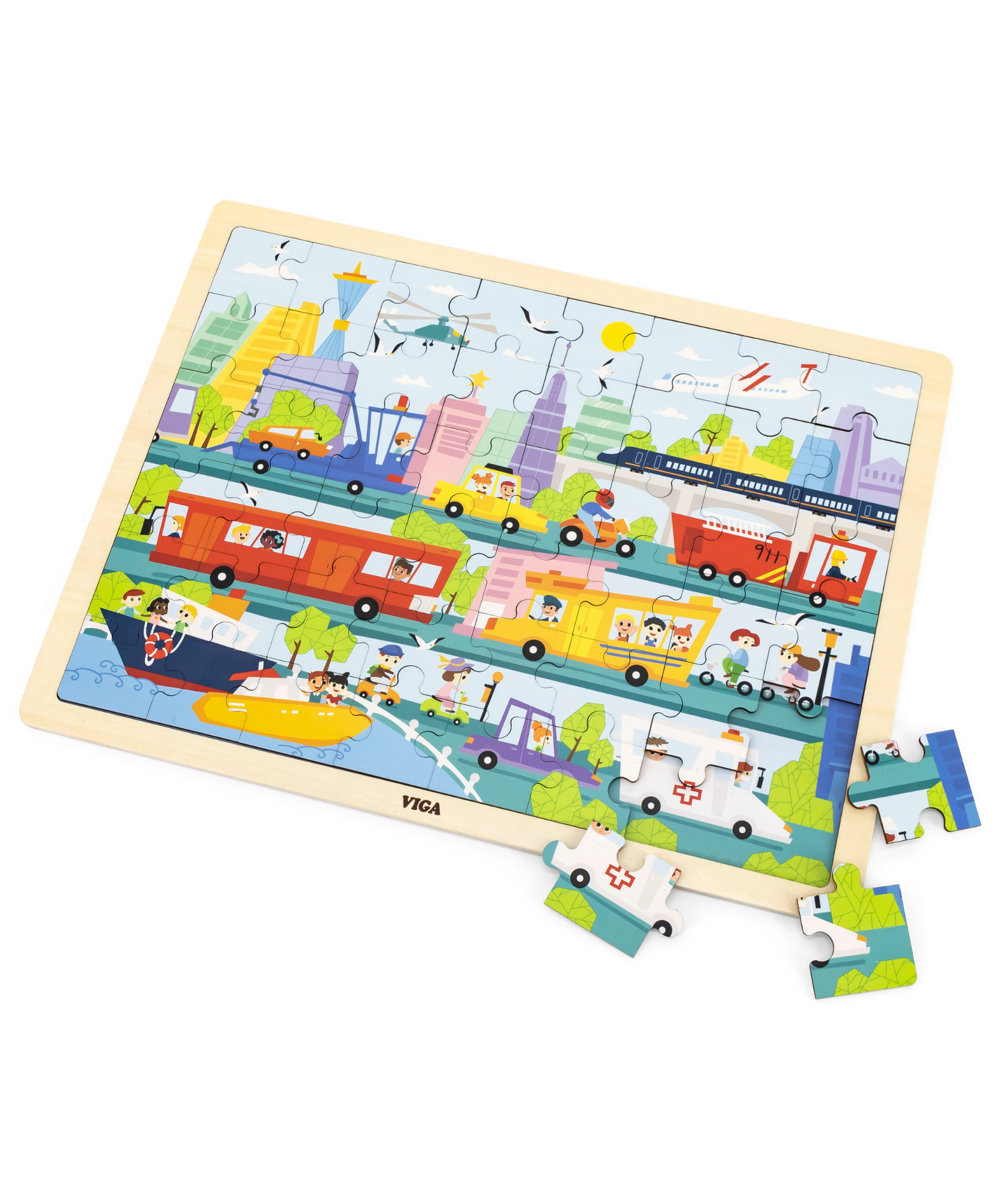 Viga City Transportation, 48 Piece Jigsaw Puzzle, Montessori Wooden Toy, Develops Sensory, Cognitive & Fine Motor Skills, Non-Toxic & Eco-friendly Kids Educational Toy, Suitable for Children Aged 3Y+