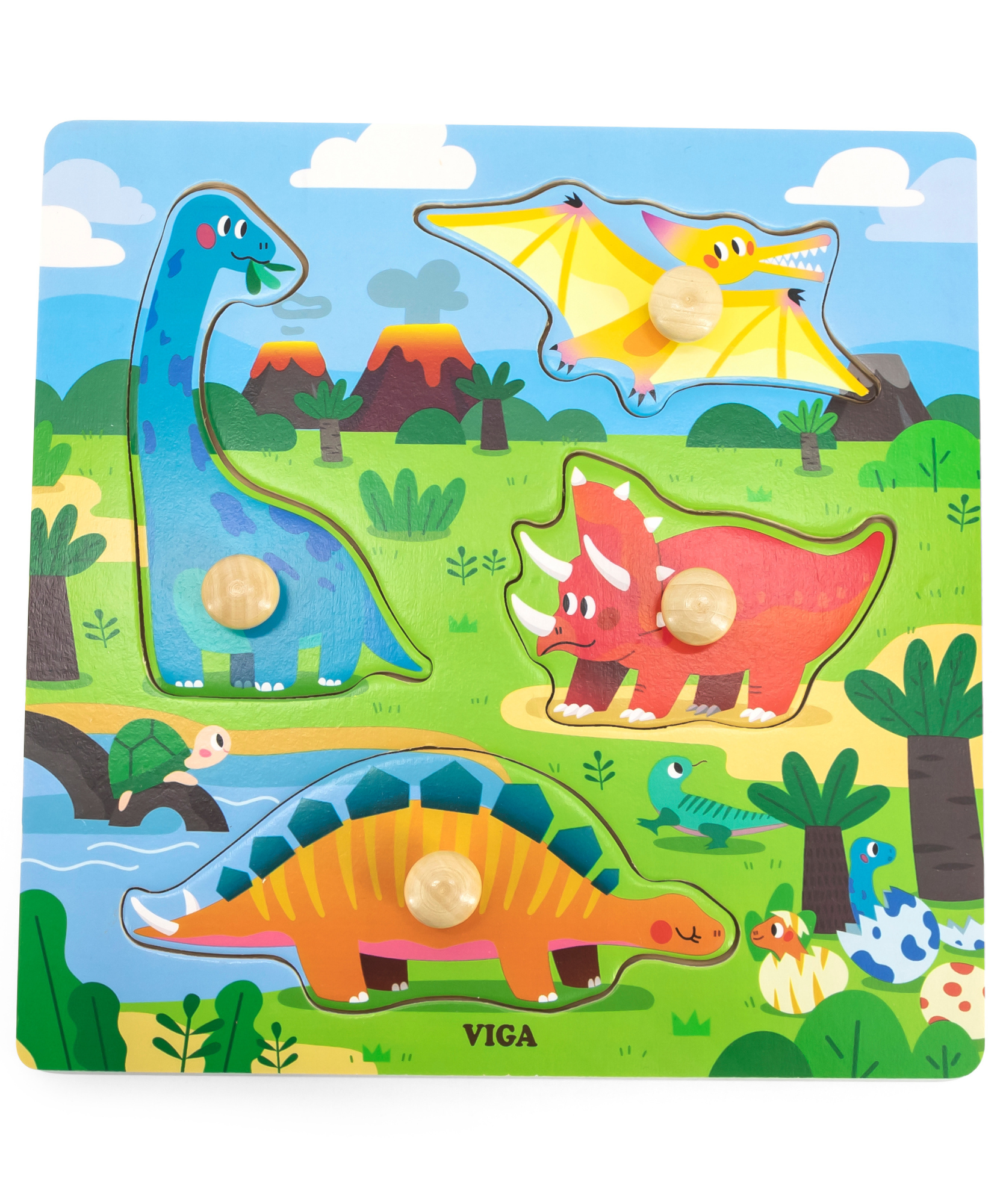 Viga Dinosaurs, 4 Piece Knob Puzzle, Montessori Wooden Toy, Develops Sensory, Cognitive & Fine Motor Skills, Non-Toxic & Eco-friendly Kids Educational Toy, Suitable for Boys and Girls Aged 12M+