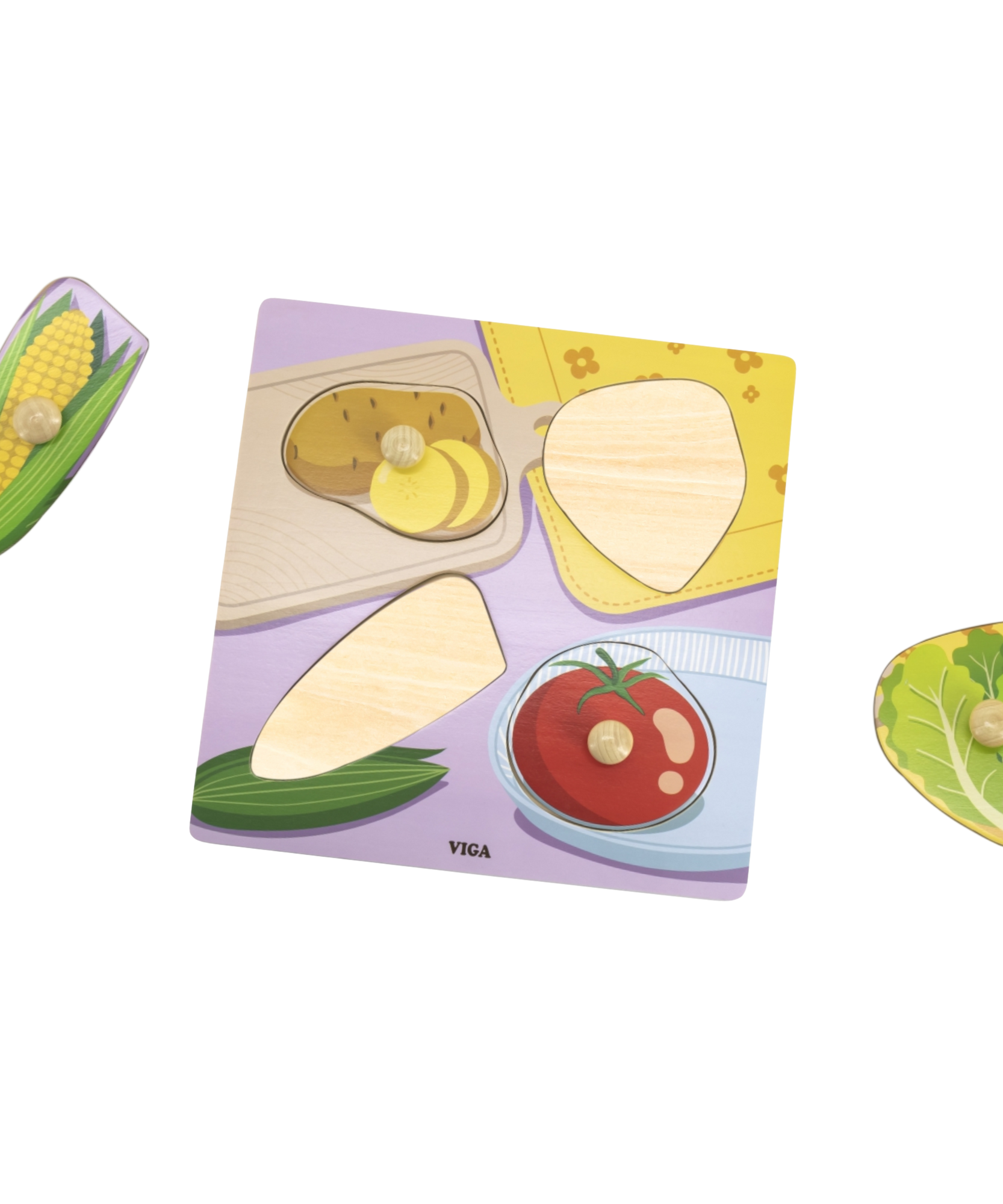 Viga Vegetables, 4 Piece Knob Puzzle, Montessori Wooden Toy, Develops Sensory, Cognitive & Fine Motor Skills, Non-Toxic & Eco-friendly Kids Educational Toy, Suitable for Boys & Girls Aged 12M+