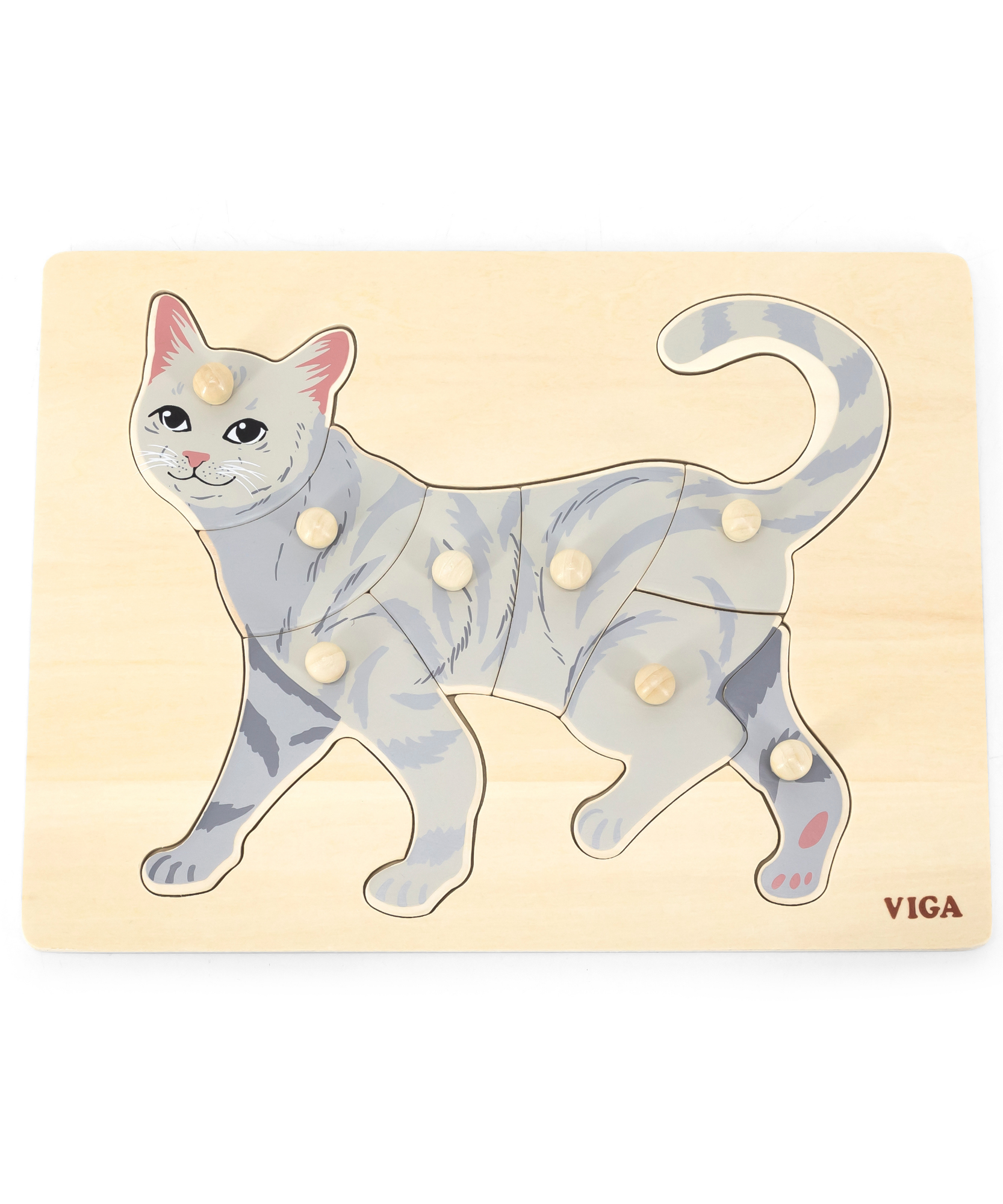 Viga Cat, 8 Piece Knob Puzzle, Montessori Wooden Toy, Develops Sensory, Cognitive & Fine Motor Skills, Non-Toxic & Eco-friendly Kids Educational Toy, Suitable for Boys and Girls Aged 18M+
