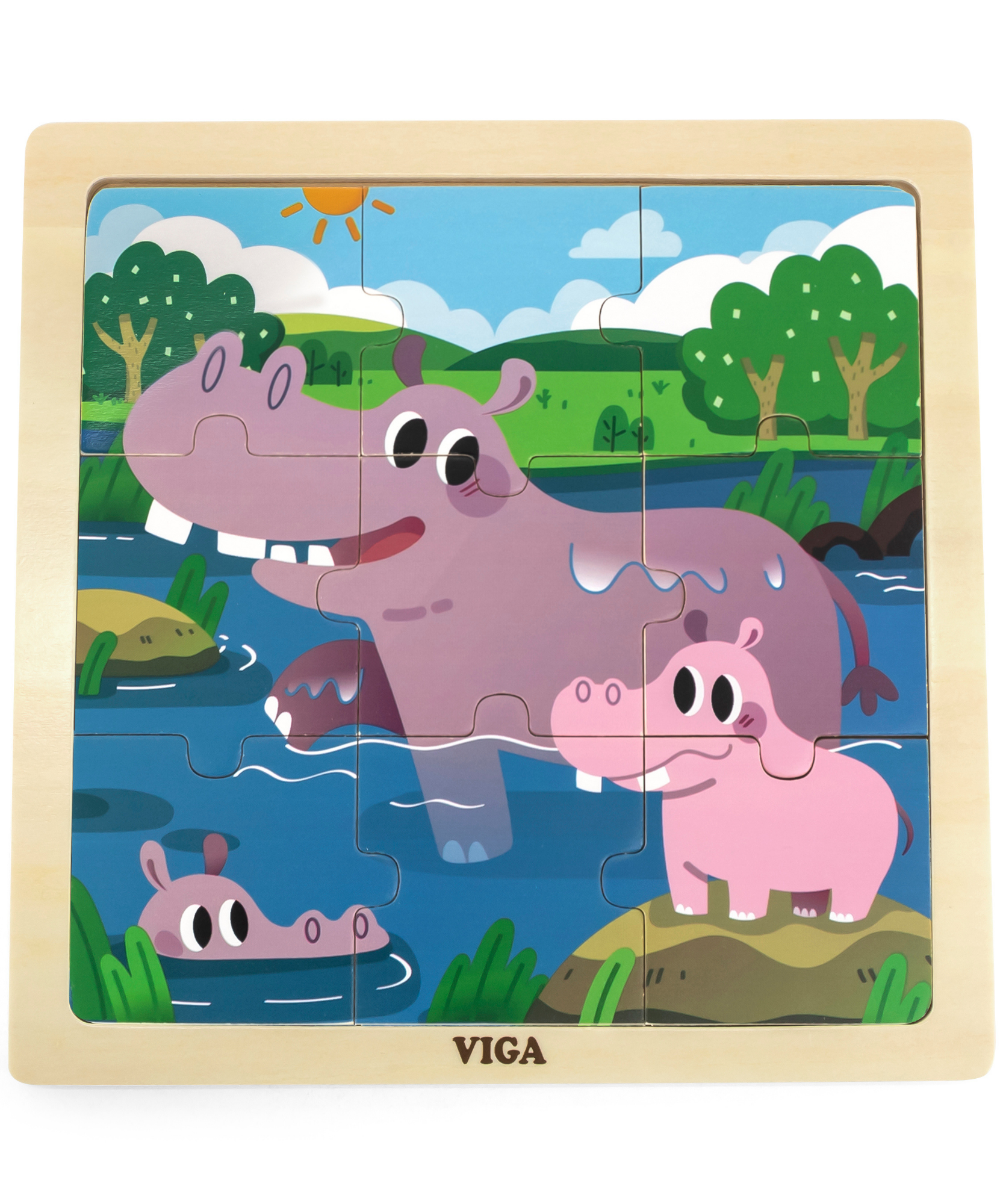 Viga Hippo, 9 Piece Jigsaw Puzzle, Montessori Wooden Toy, Develops Sensory, Cognitive & Fine Motor Skills, Non-Toxic & Eco-friendly Kids Educational Toy, Suitable for Boys and Girls Aged 18M+