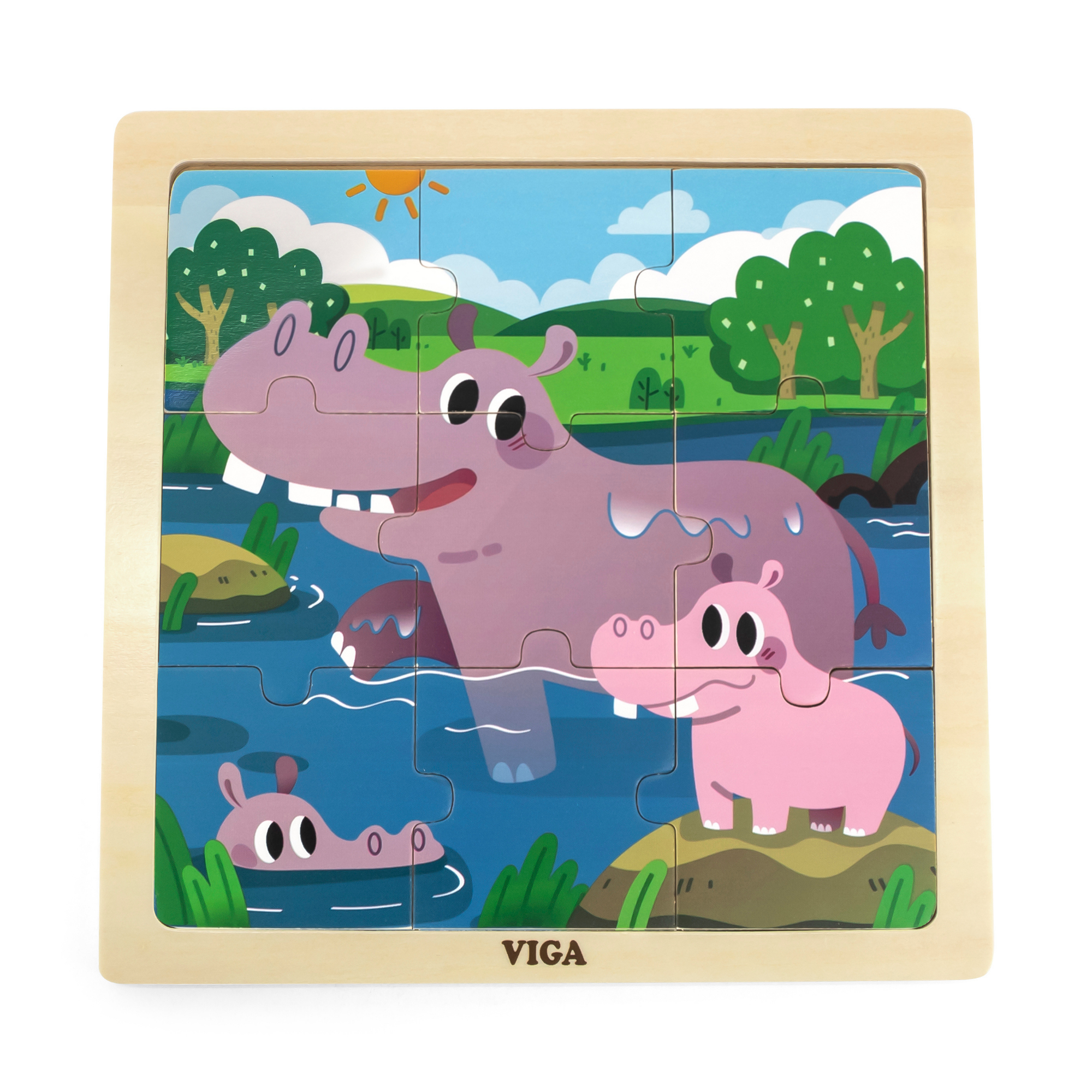 Viga Hippo, 9 Piece Jigsaw Puzzle, Montessori Wooden Toy, Develops Sensory, Cognitive & Fine Motor Skills, Non-Toxic & Eco-friendly Kids Educational Toy, Suitable for Boys and Girls Aged 18M+