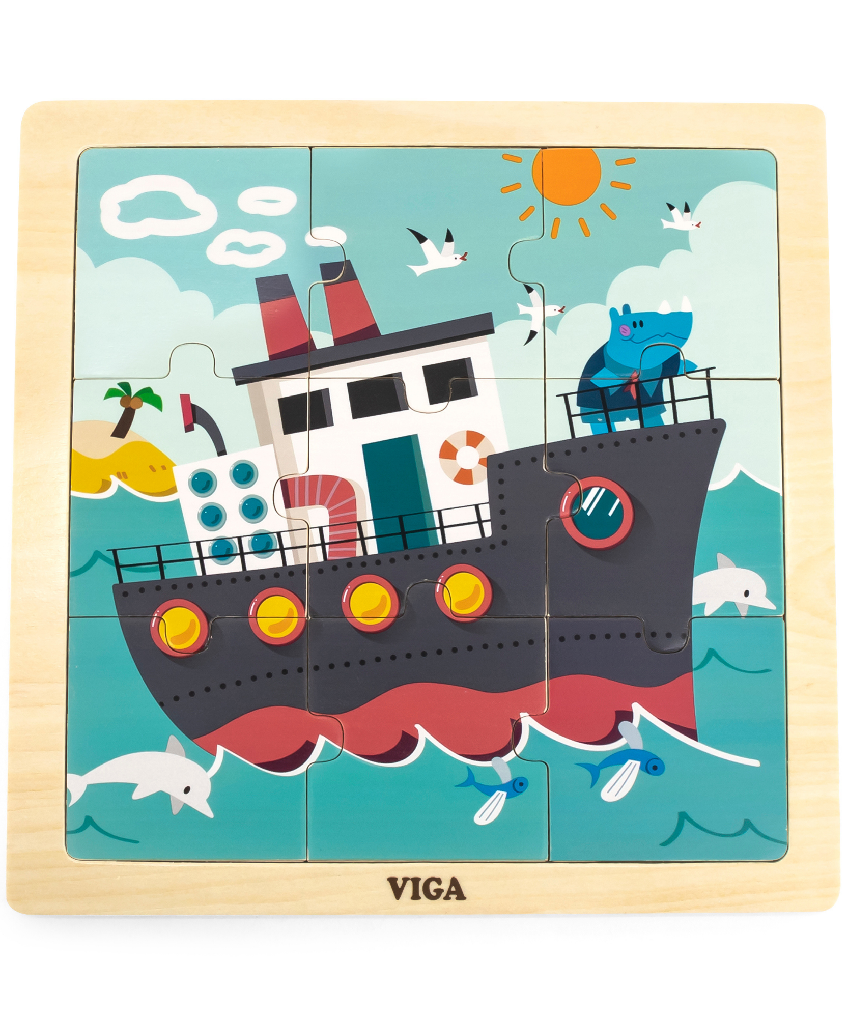 Viga Rhino on a Ship, 9 Piece Jigsaw Puzzle, Montessori Wooden Toy, Develops Sensory, Cognitive & Fine Motor Skills, Non-Toxic & Eco-friendly Kids Educational Toy, Suitable for Children Aged 18M+