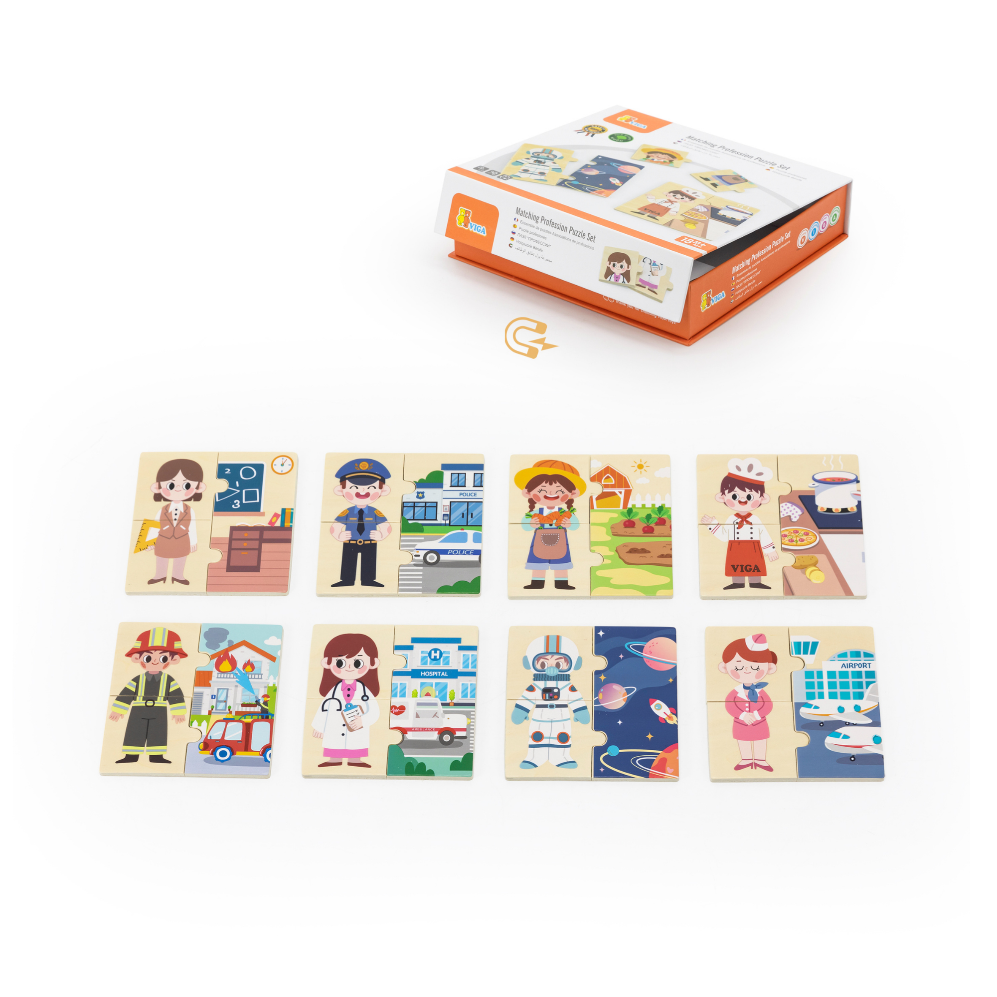 Viga Profession, 32 Piece Mix & Match Puzzle, Montessori Wooden Toy, Develops Sensory, Cognitive & Fine Motor Skills, Non-Toxic & Eco-friendly Kids Educational Toy, Suitable for Children Aged 18M+