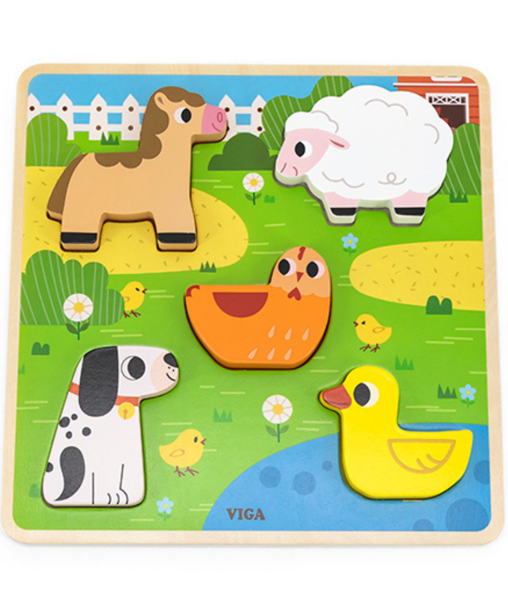 Viga Farm, 5 Piece Block Puzzle, Montessori Wooden Toy, Develops Sensory, Cognitive & Fine Motor Skills, Non-Toxic & Eco-friendly Kids Educational Toy, Suitable for Boys and Girls Aged 18M+