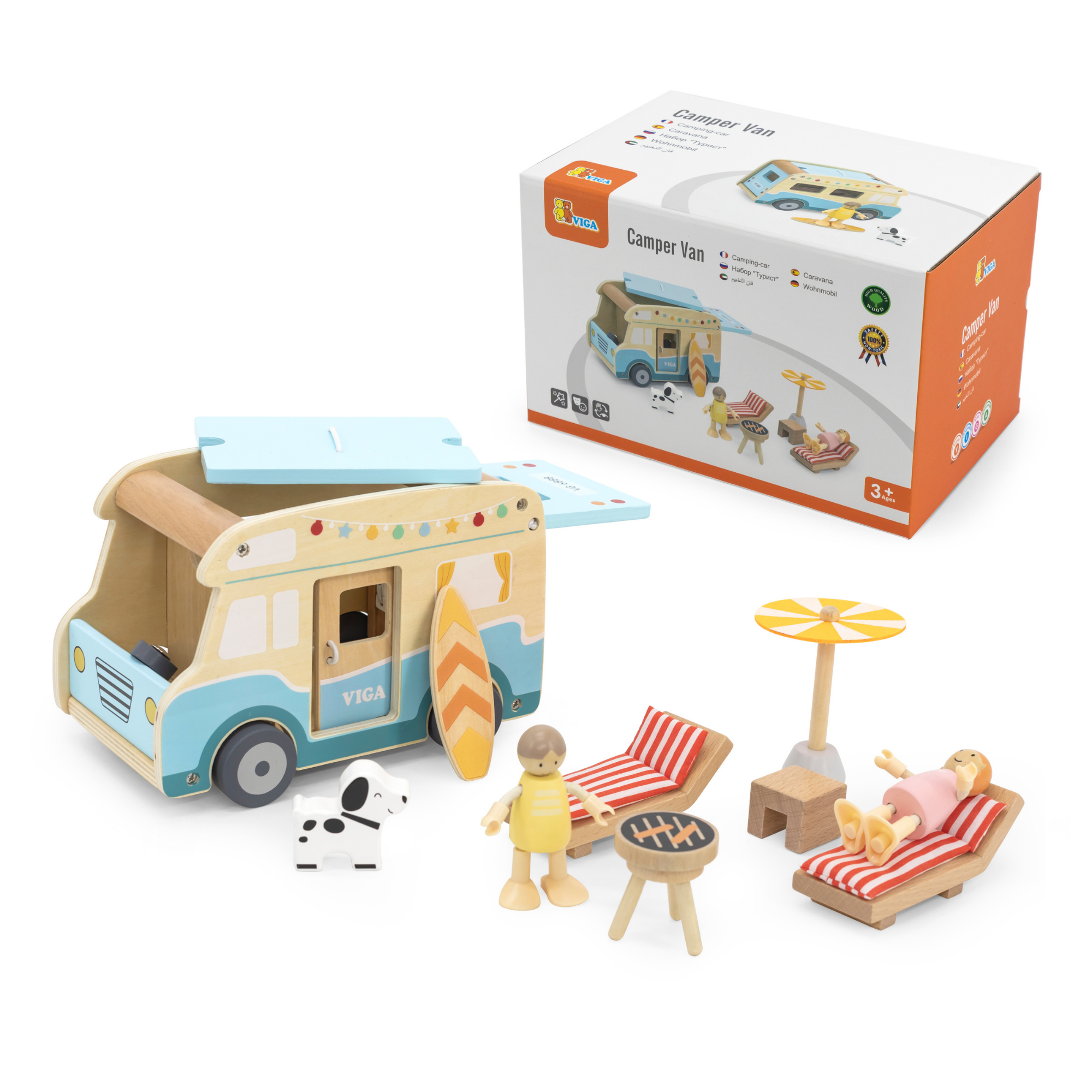 Viga Wooden Camper Van Playset, 12-Piece Montessori-Inspired Beach-Themed Vehicle Toy, Non-Toxic and Eco-Friendly, Encourages Imaginative Role Play and Fine Motor Skills, Suitable for Boys & Girls Ages 3+