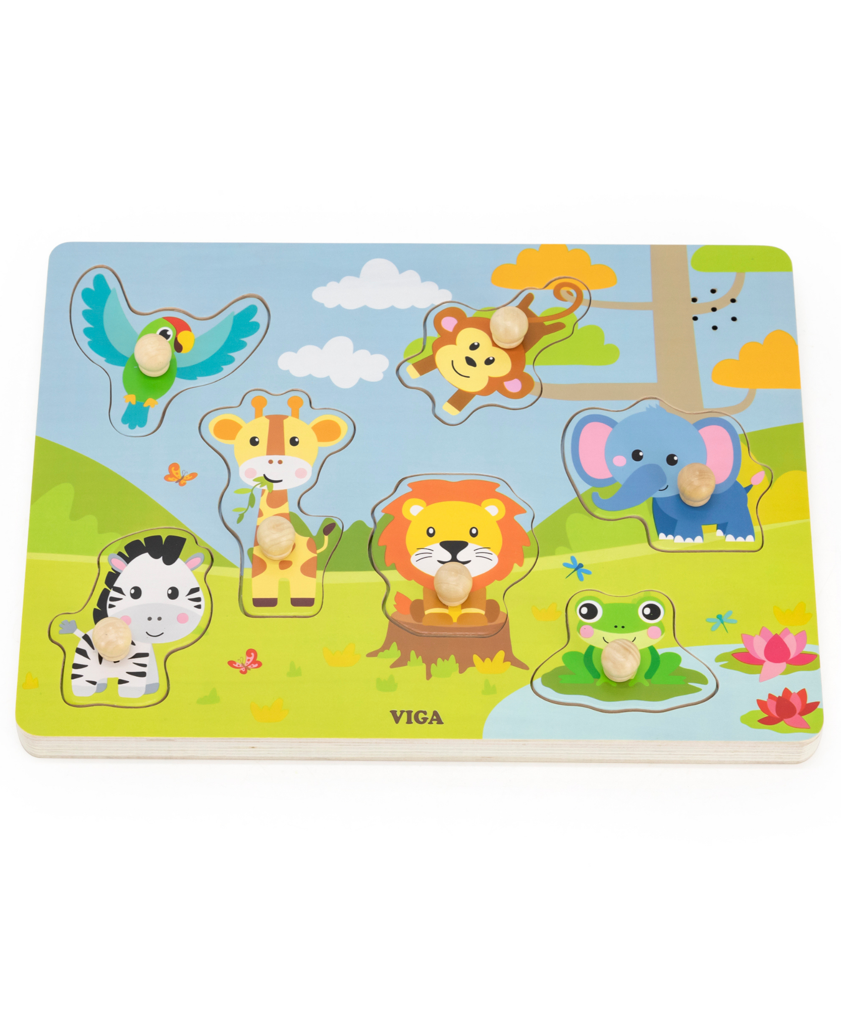 Viga Jungle Animals, 7 Piece Knob Puzzle with Sound, Montessori Wooden Toy, Develops Sensory, Cognitive & Fine Motor Skills, Non-Toxic & Eco-friendly Kids Educational Toy, Suitable for Children 18M+