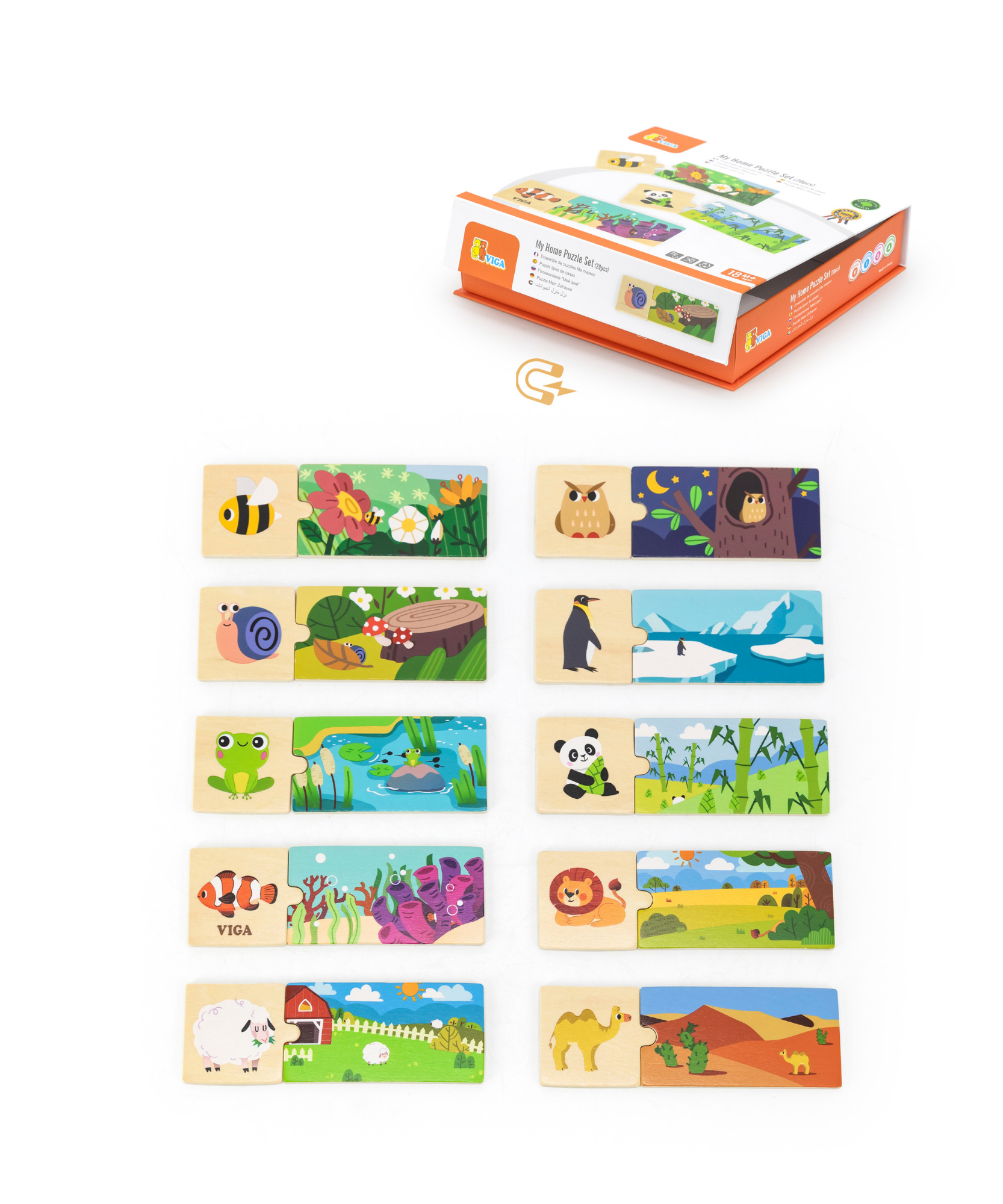 Viga Connecting Game, Animal Homes, 20 Piece Mix & Match Puzzle, Montessori Wooden Toy, Develops Sensory, Cognitive & Fine Motor Skills, Non-Toxic & Eco-friendly Kids Educational Toy, 18M+