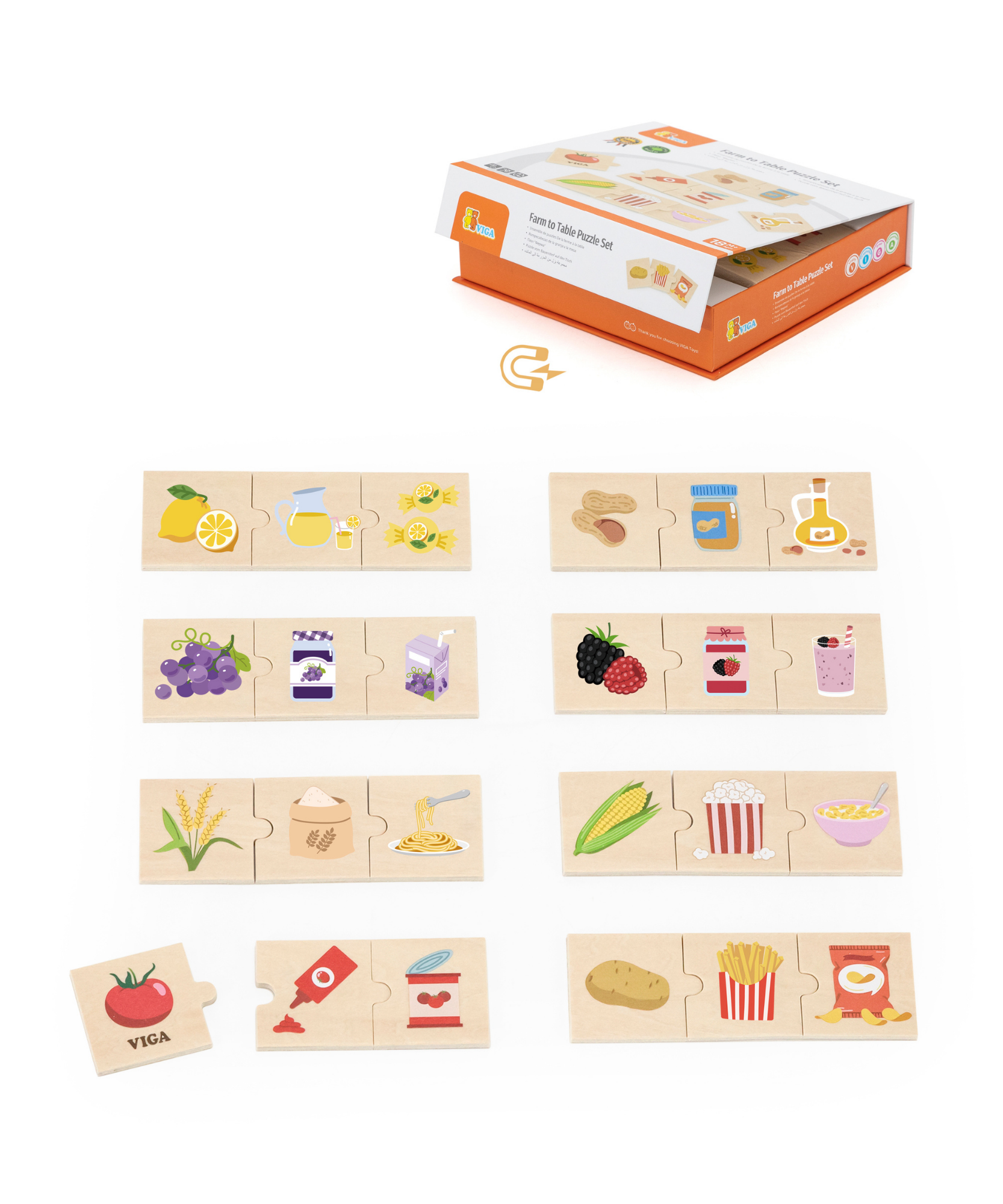 Viga Connecting Game, Food, Farm to Table, 24 Piece Mix & Match Puzzle, Montessori Wooden Toy, Develops Sensory, Cognitive & Fine Motor Skills, Non-Toxic & Eco-friendly Kids Educational Toy, 18M+