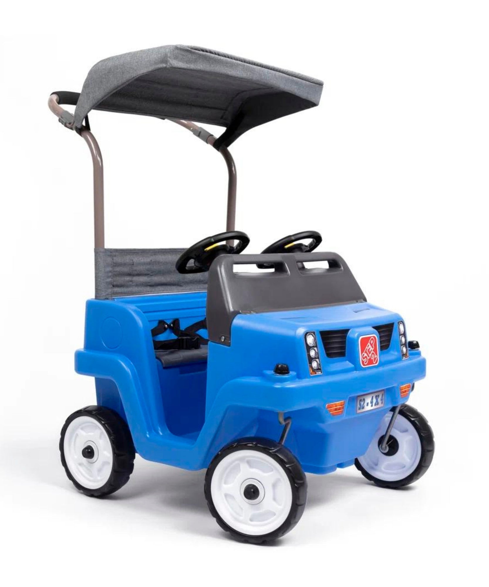 Step2 Side-By-Side SUV, Dual Seater Kids Push Car with Canopy, Easy to Store Ride On Toy with Seatbelt, Horn and Under Seat Storage, Suitable for Children both Boys and Girls Aged 18m and Above, Blue, Grey