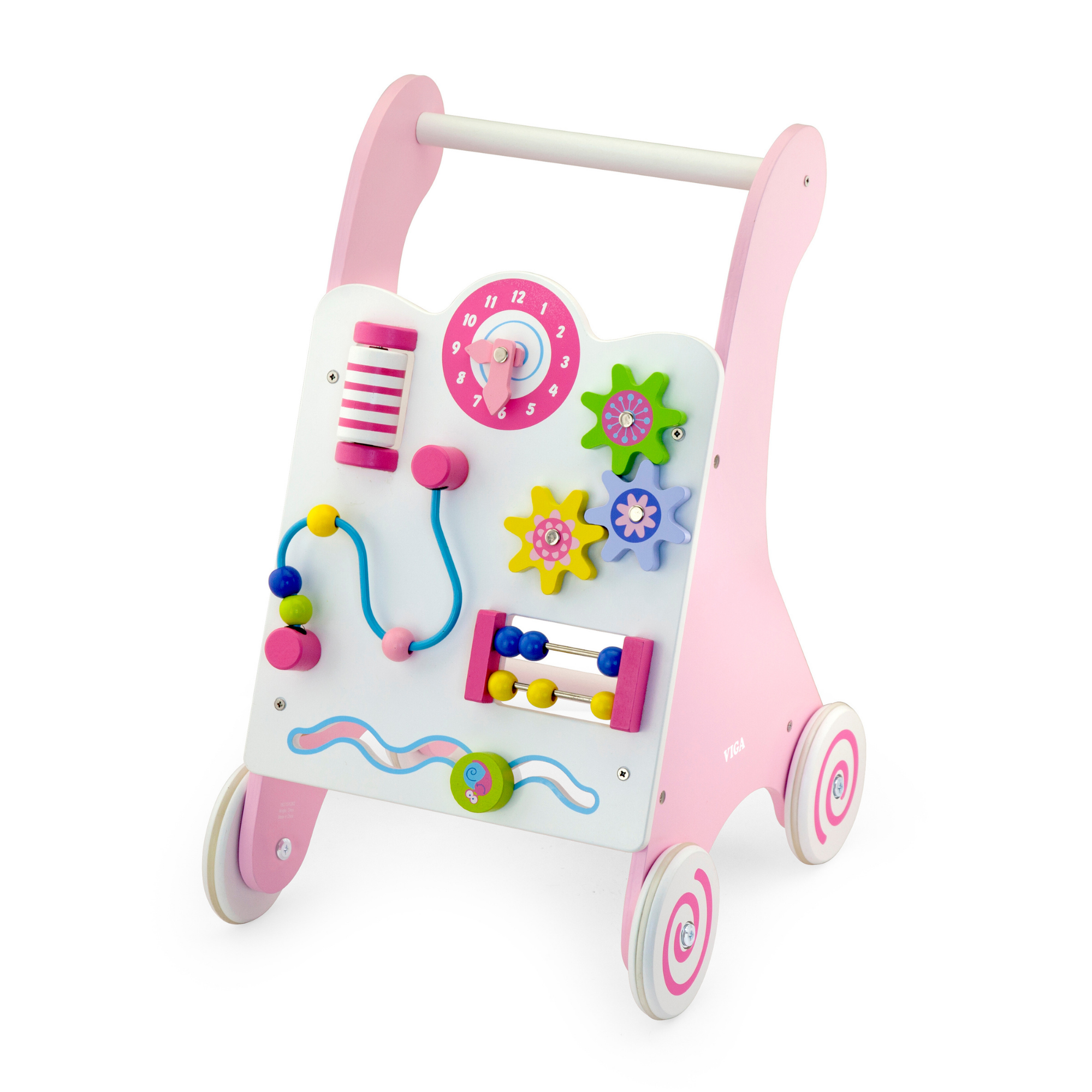 Viga Pink Wooden Activity Baby Walker, Montessori Toddler Walker with Clock, Bead Maze & Gears, Supports Walking & Motor Skills, Eco-Friendly & Non-Toxic Educational Toy, for Ages 18M+