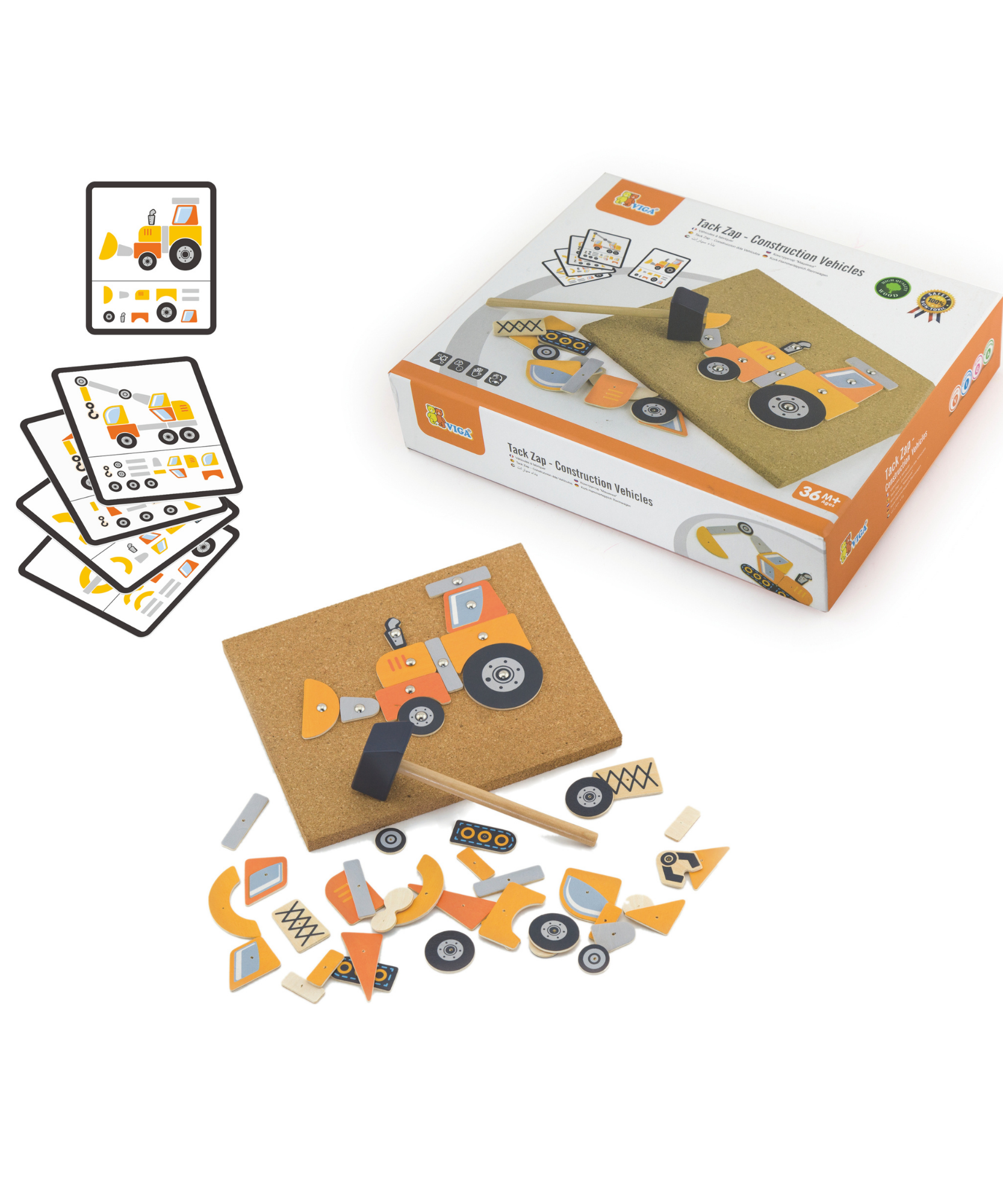 Viga Tack Zap Construction Vehicles Set, Montessori Wooden Hammer Toy with 45 Pieces & Design Cards, Builds Motor Skills & Logic, Eco-Friendly & Non-Toxic, for Boys & Girls Ages 3+